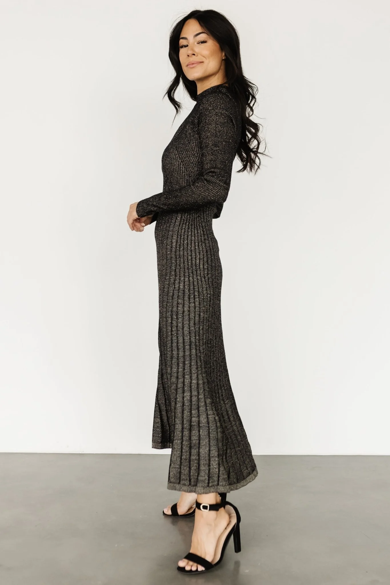 Jamelia Pleated Sweater Dress | Black + Gold