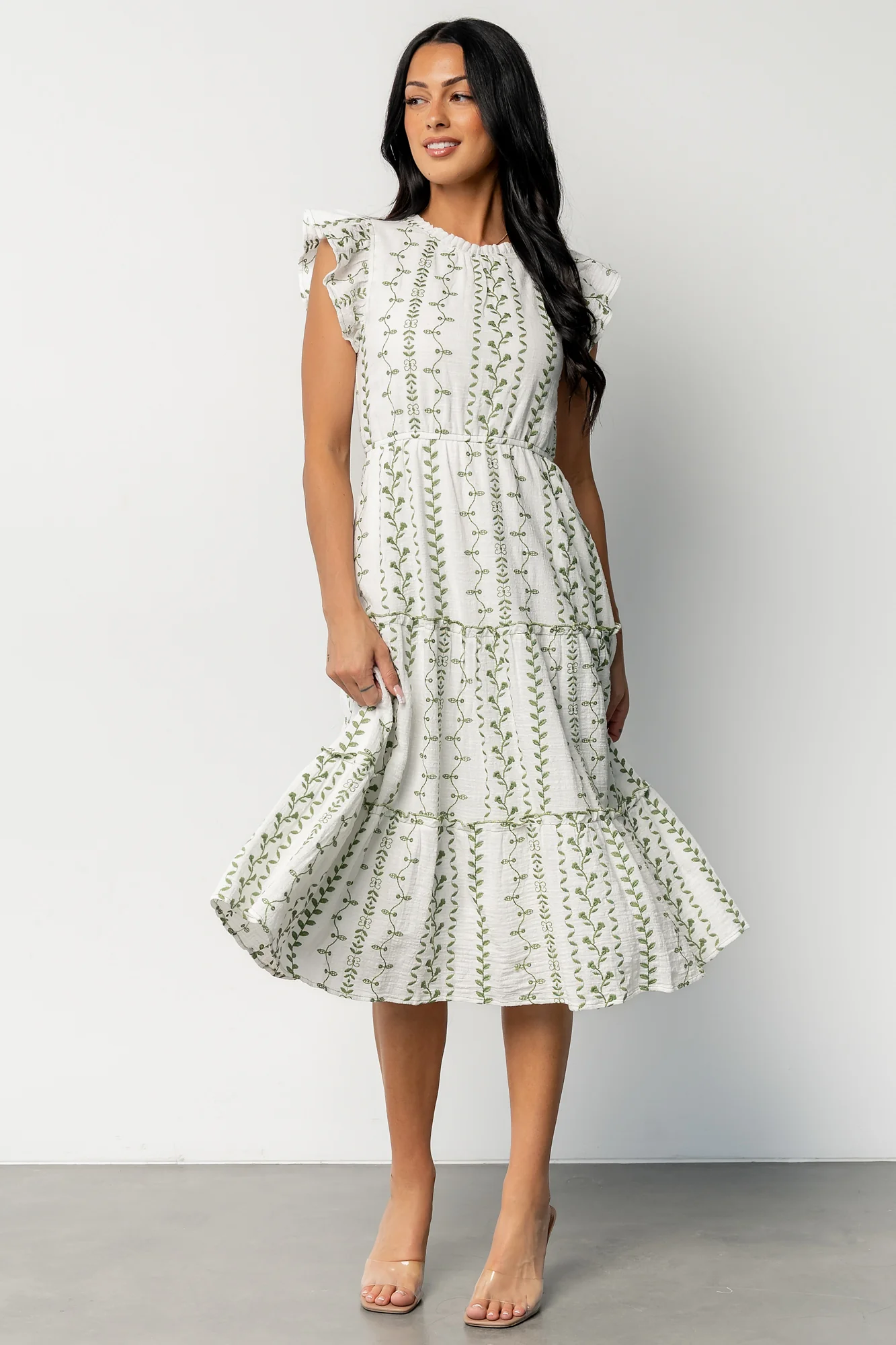 Frida Embroidered Midi Dress | White + Green Print