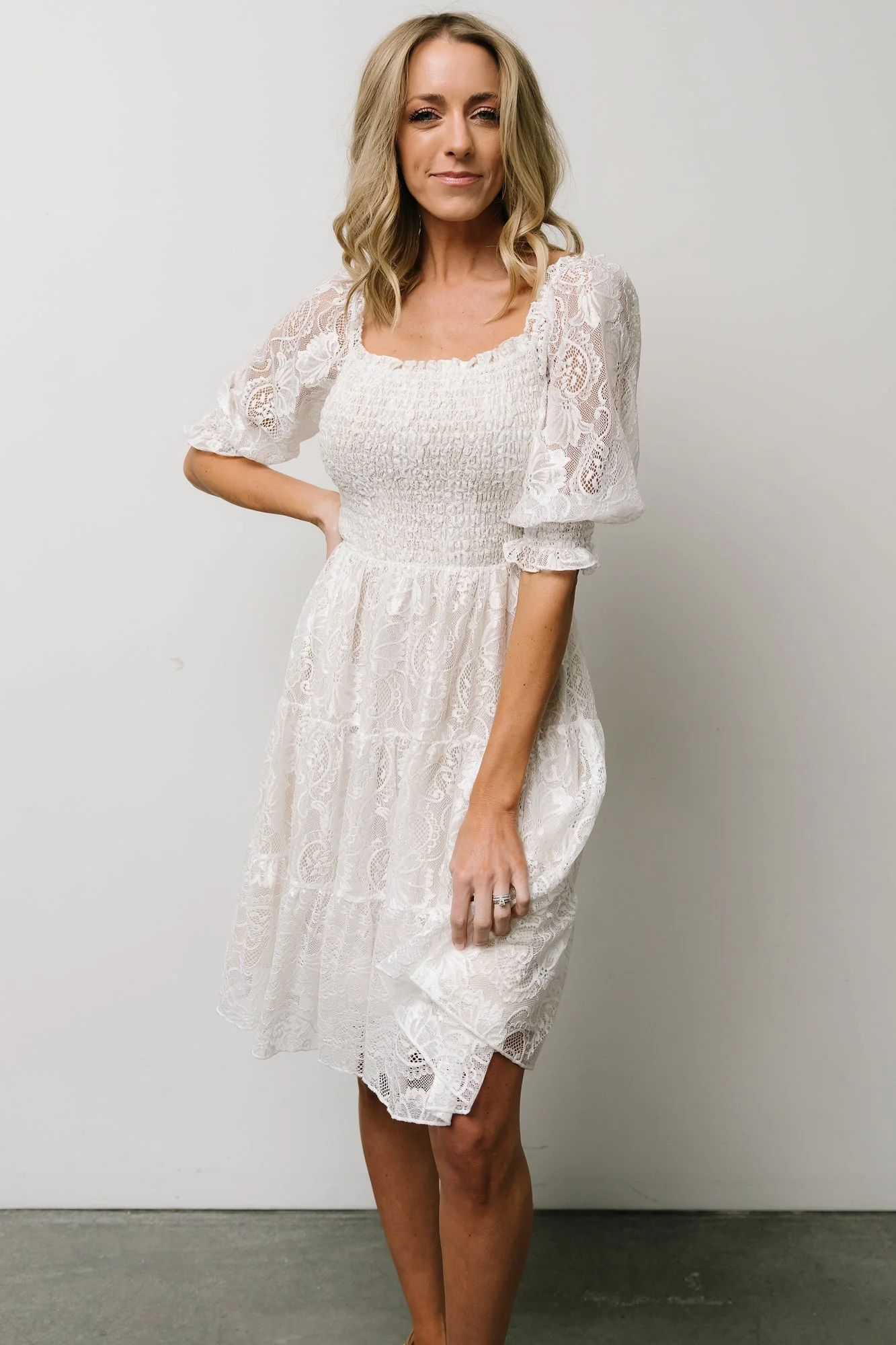 Tate Smocked Lace Short Dress | Off White