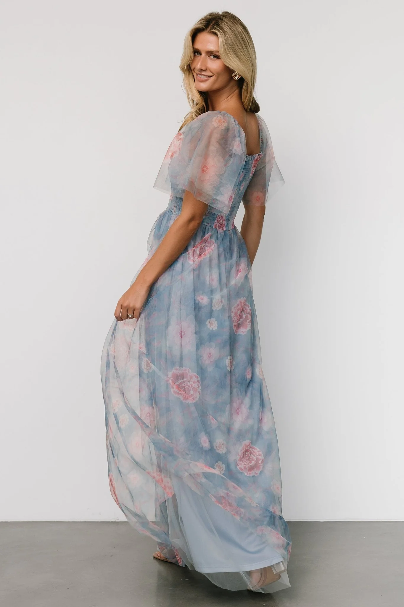 Cassandra Tulle Maxi Dress | Light Blue + Pink Floral