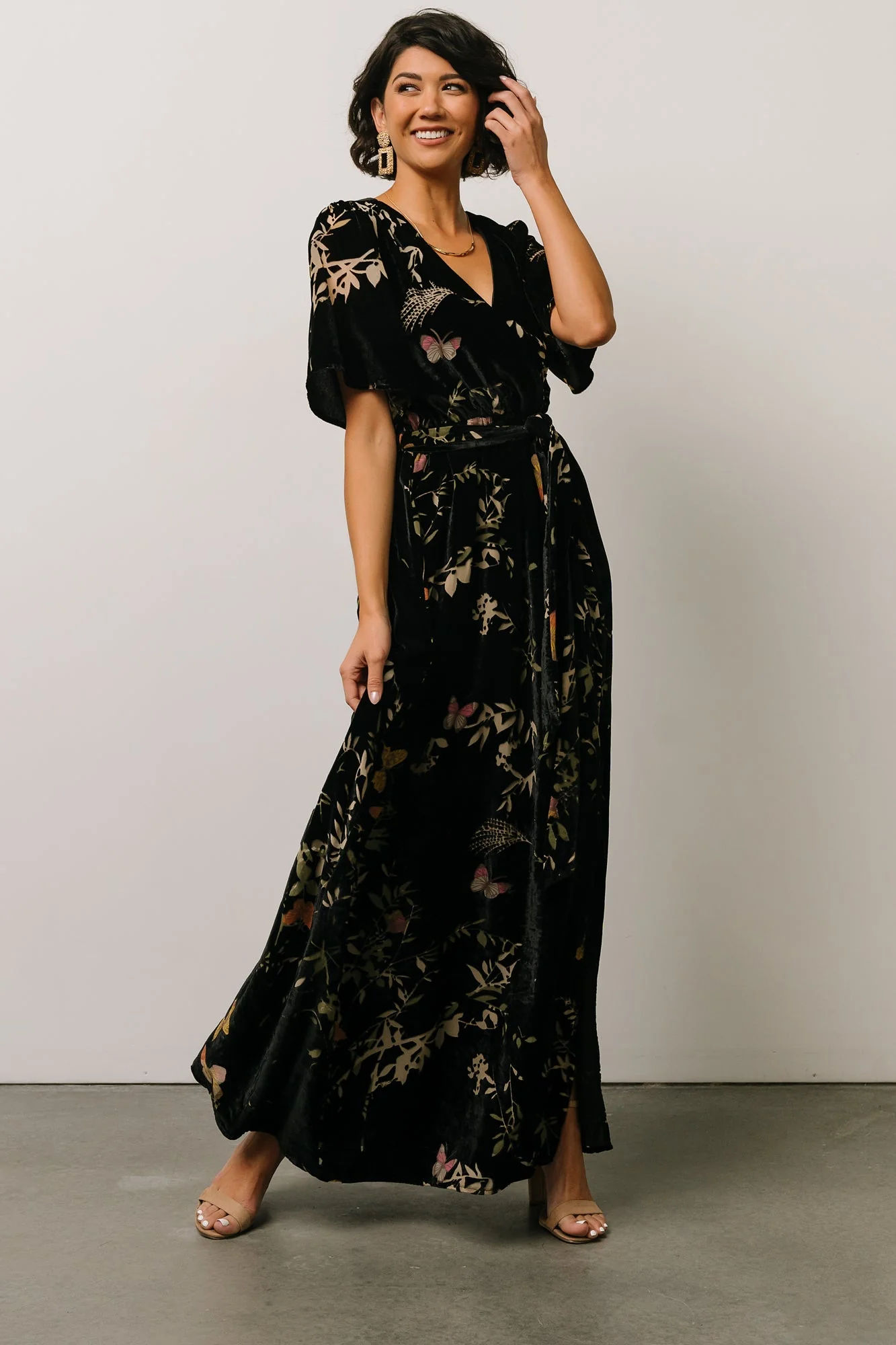 Uma Velvet Maxi Dress | Black Butterfly Print