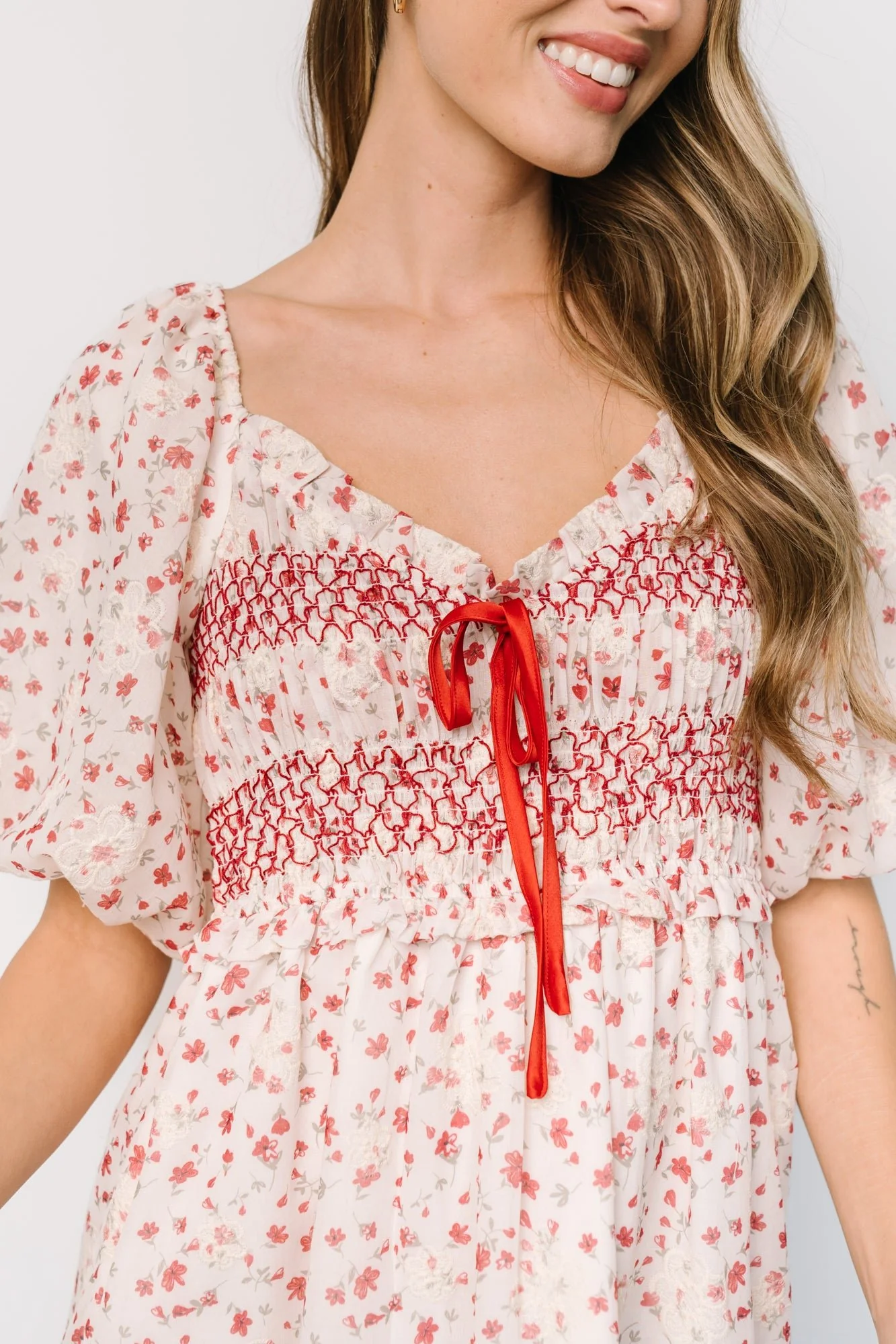 Hollie Smocked Dress | Cream + Red Floral