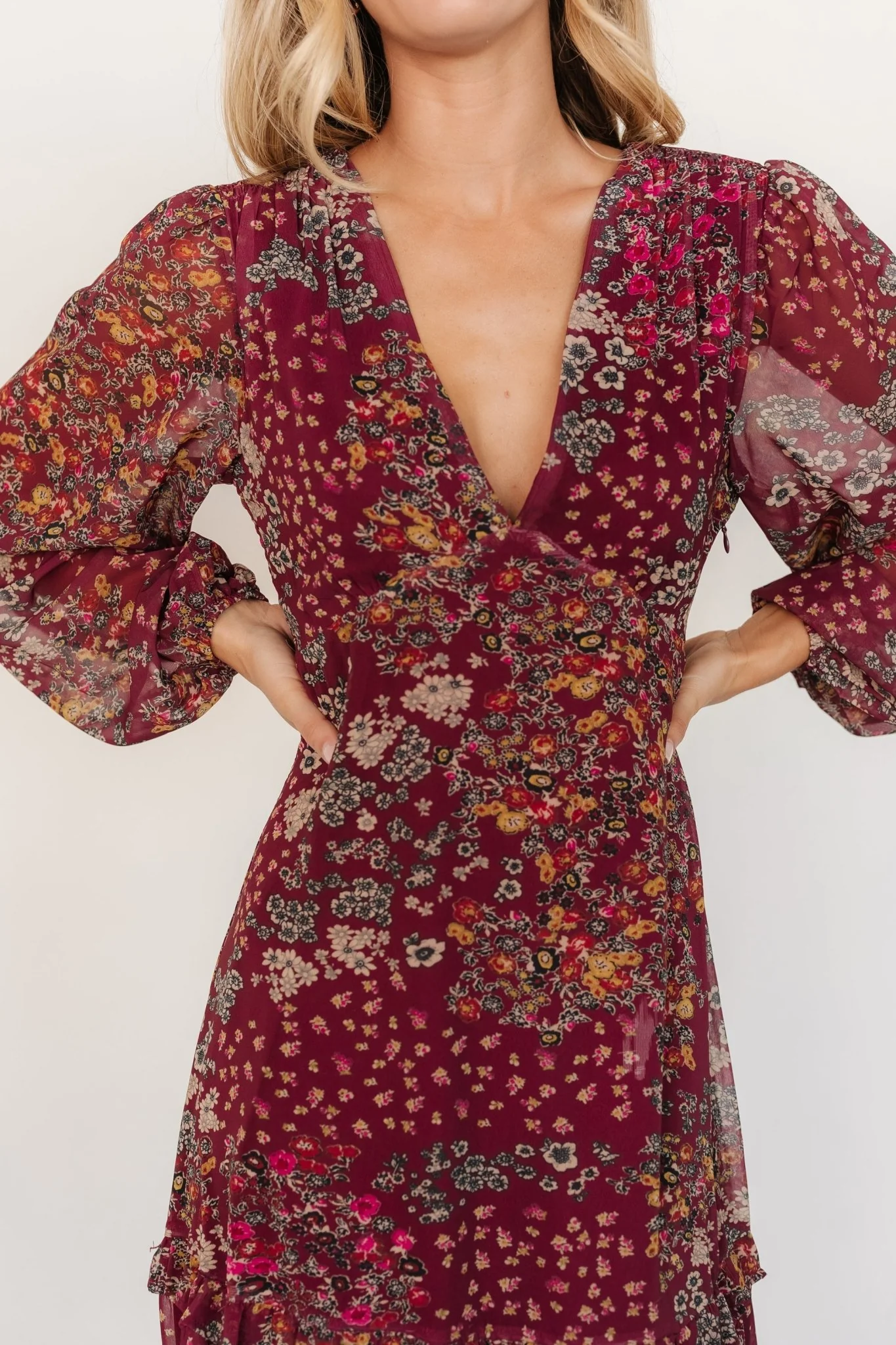 Bowman Deep V Maxi Dress | Burgundy Multi