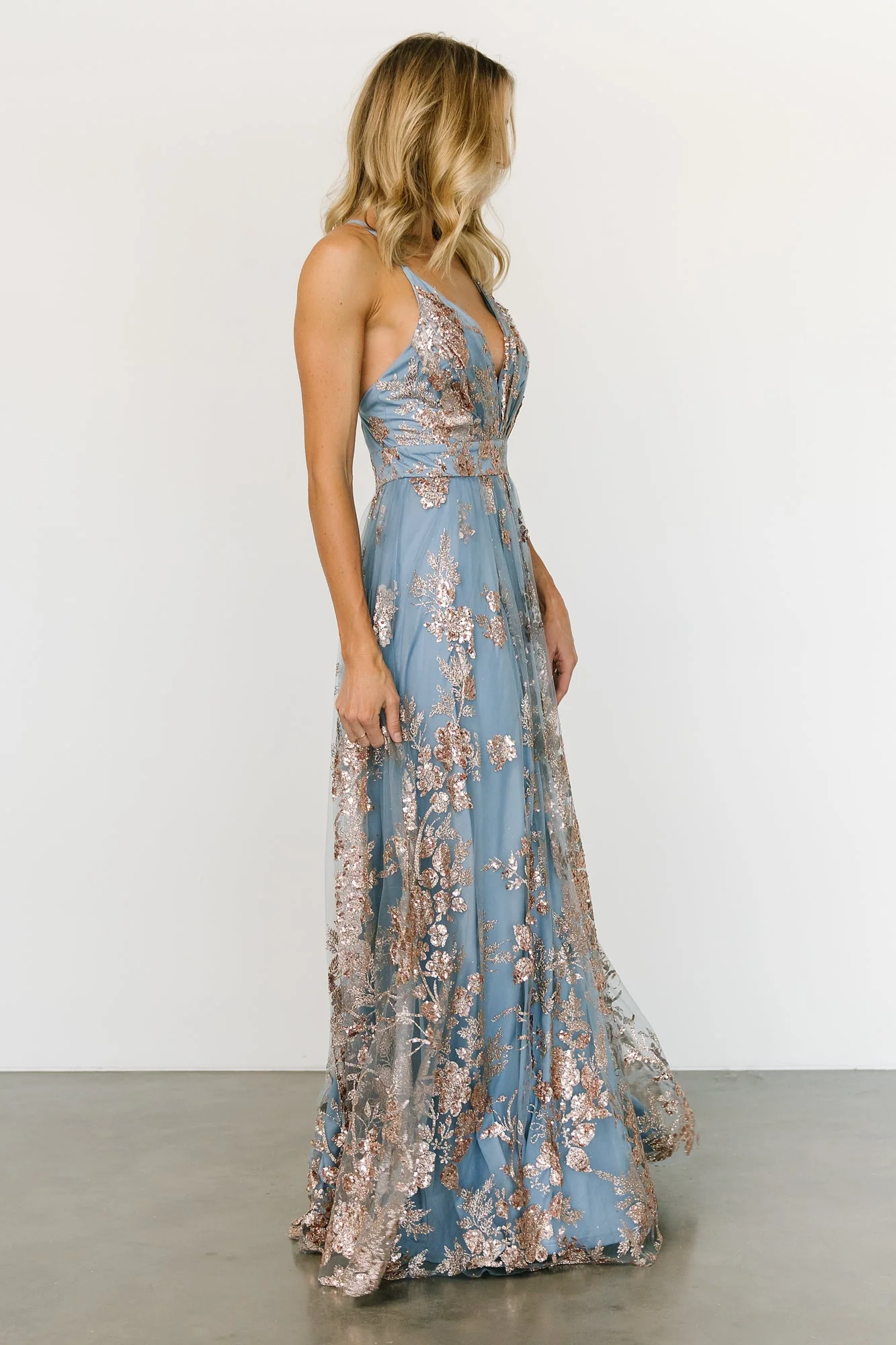 Lucienne Shimmer Maxi Gown | Light Blue + Rose Gold