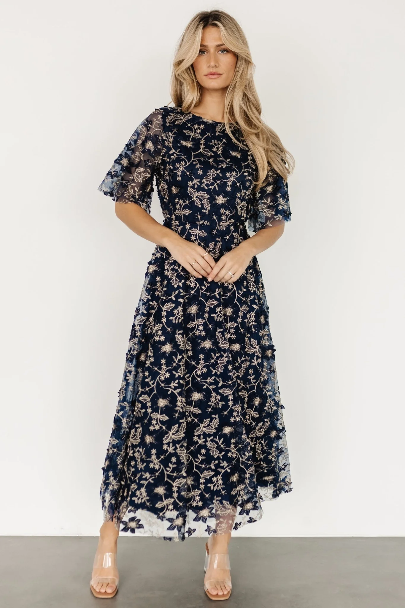 Arabella Embroidered Tulle Maxi Dress | Navy + Gold