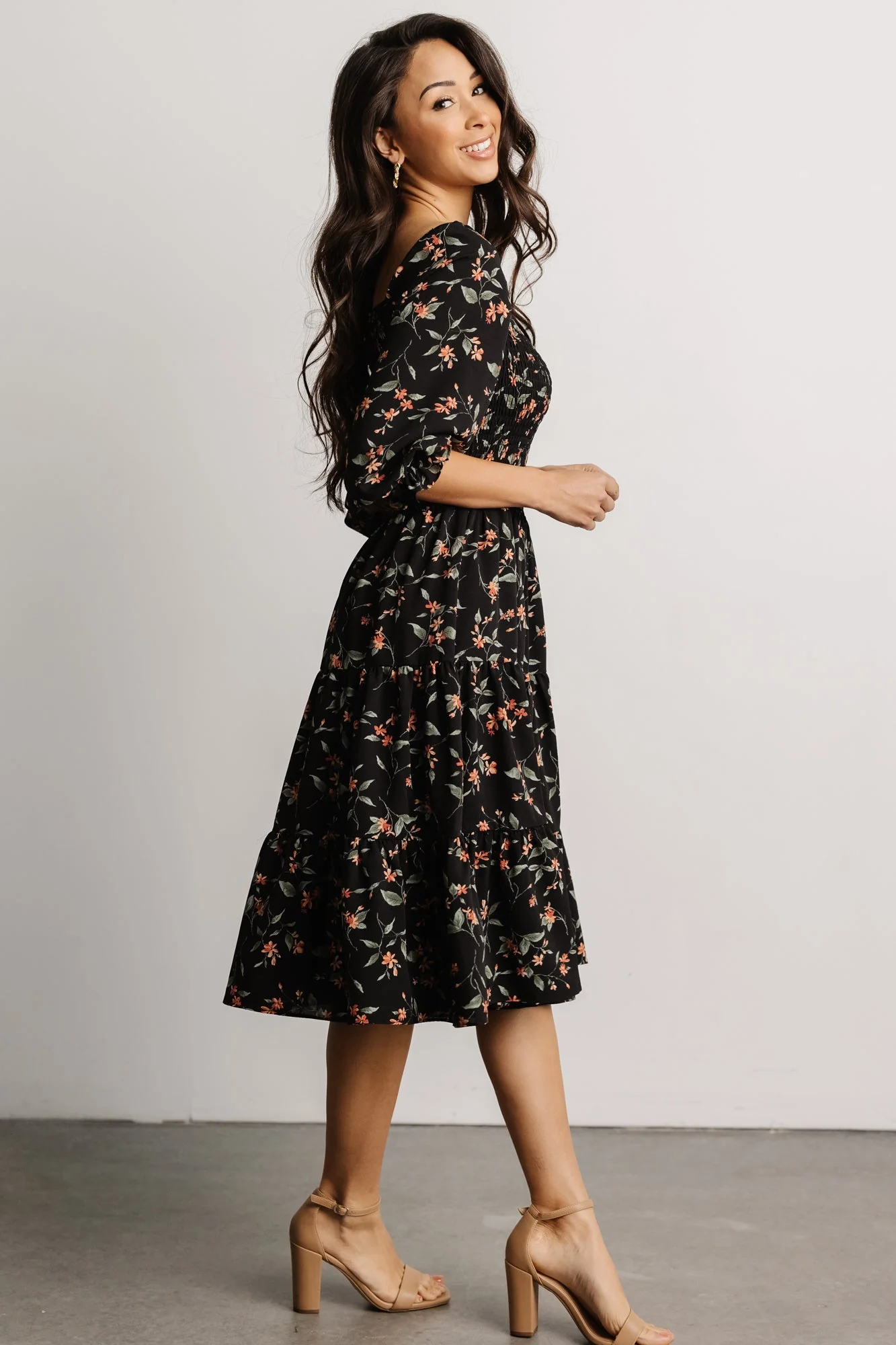 Marta Smocked Midi Dress | Black Floral