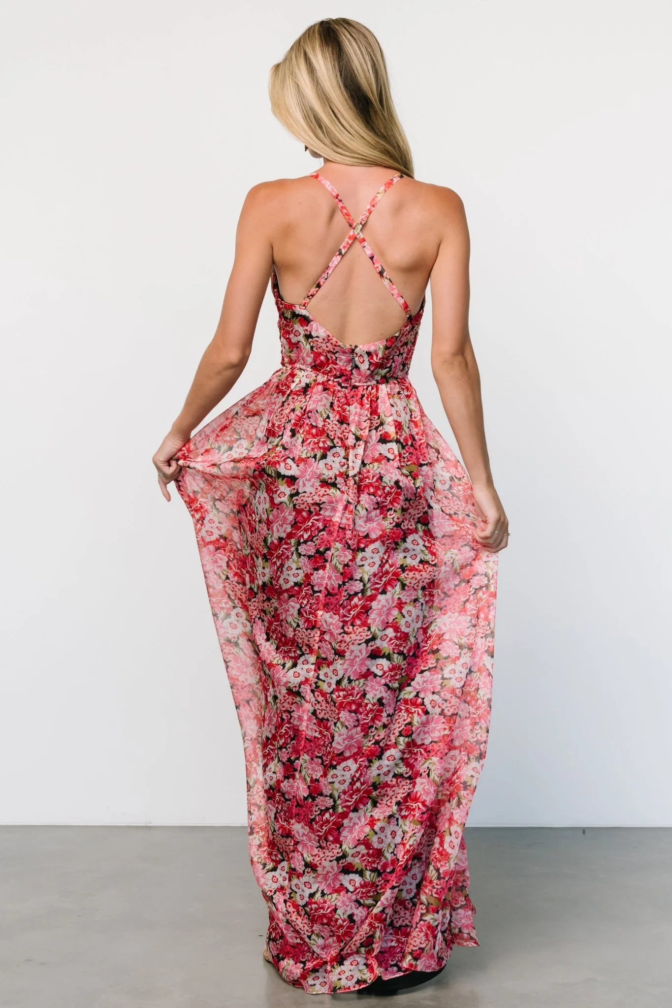 Tora Cross Back Maxi Dress | Black + Red Floral