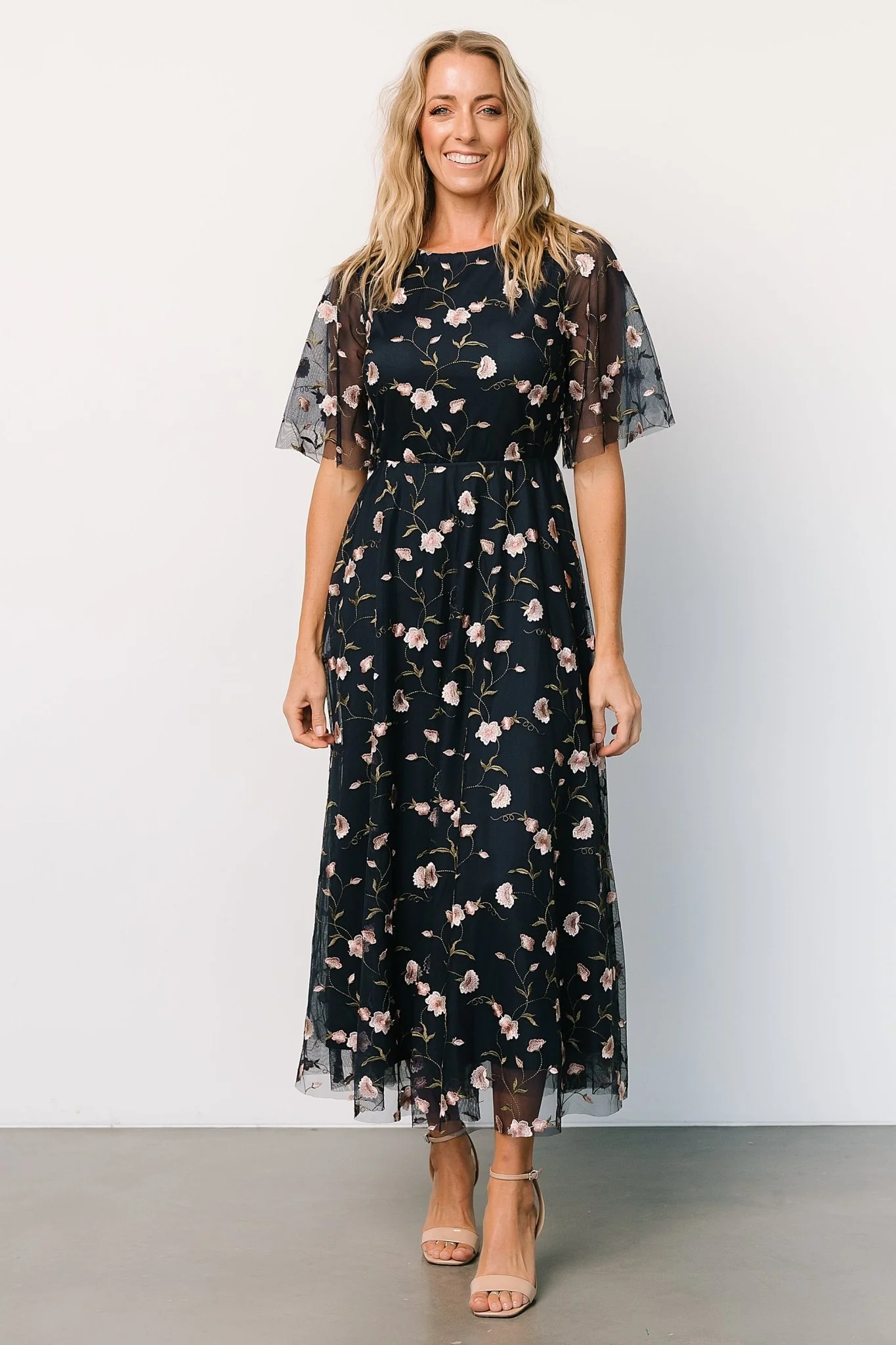 Arabella Embroidered Tulle Maxi Dress | Pink + Navy