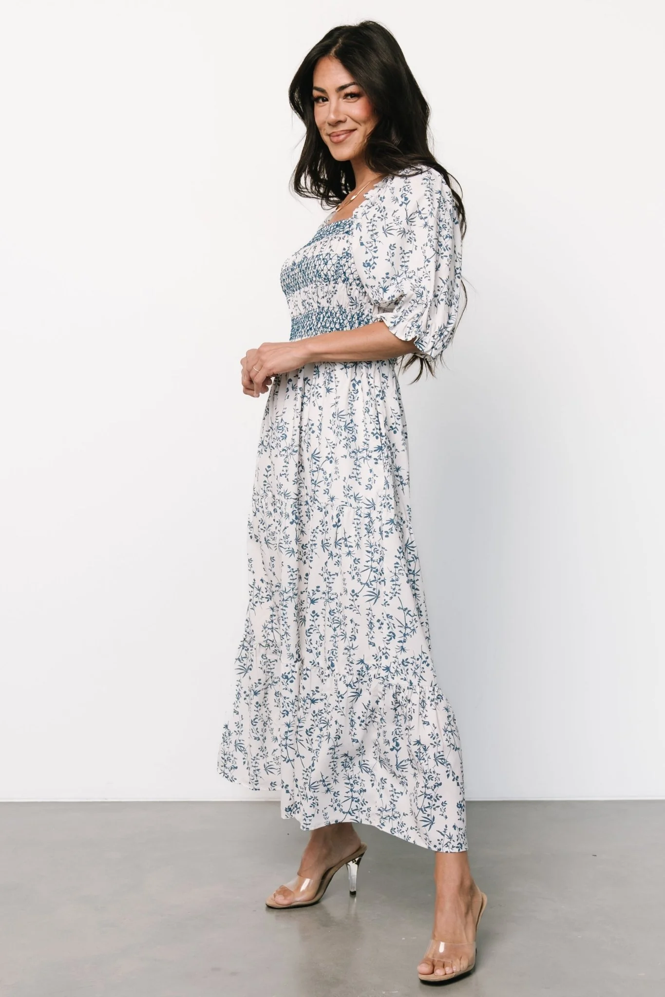 Tulsa Smocked Dress | Off White + Blue