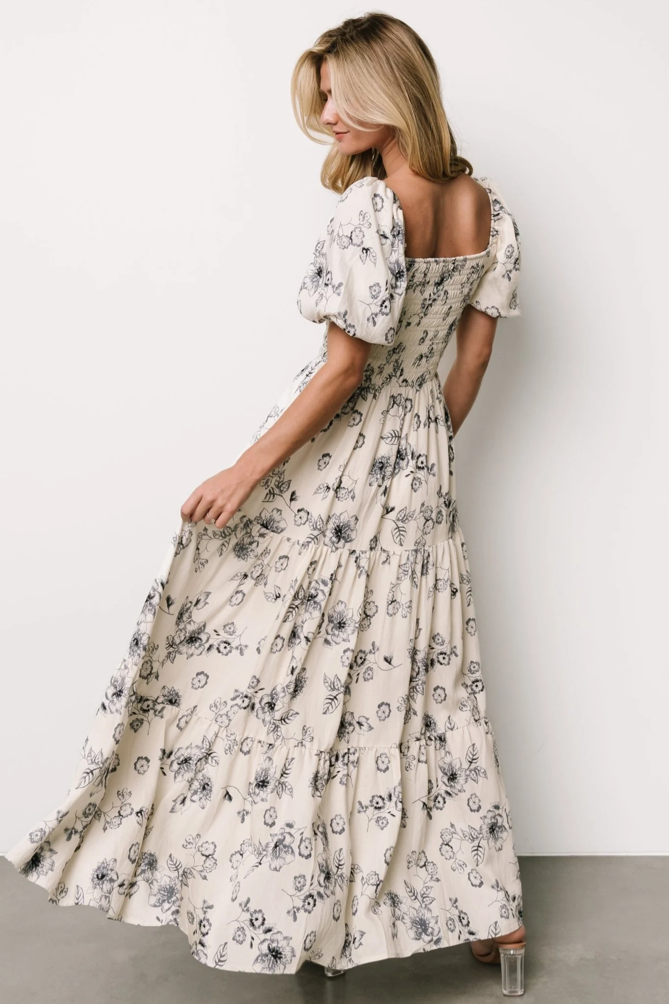 Susanna Smocked Maxi Dress | Ivory + Blue Floral
