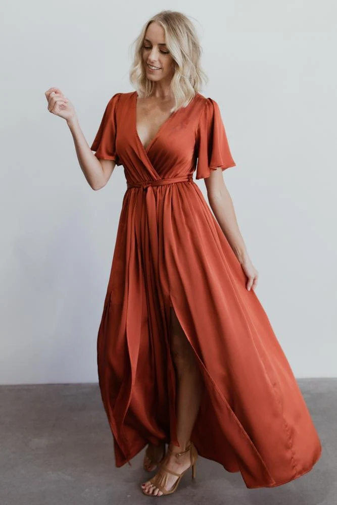 Sicily Satin Maxi Dress | Rust