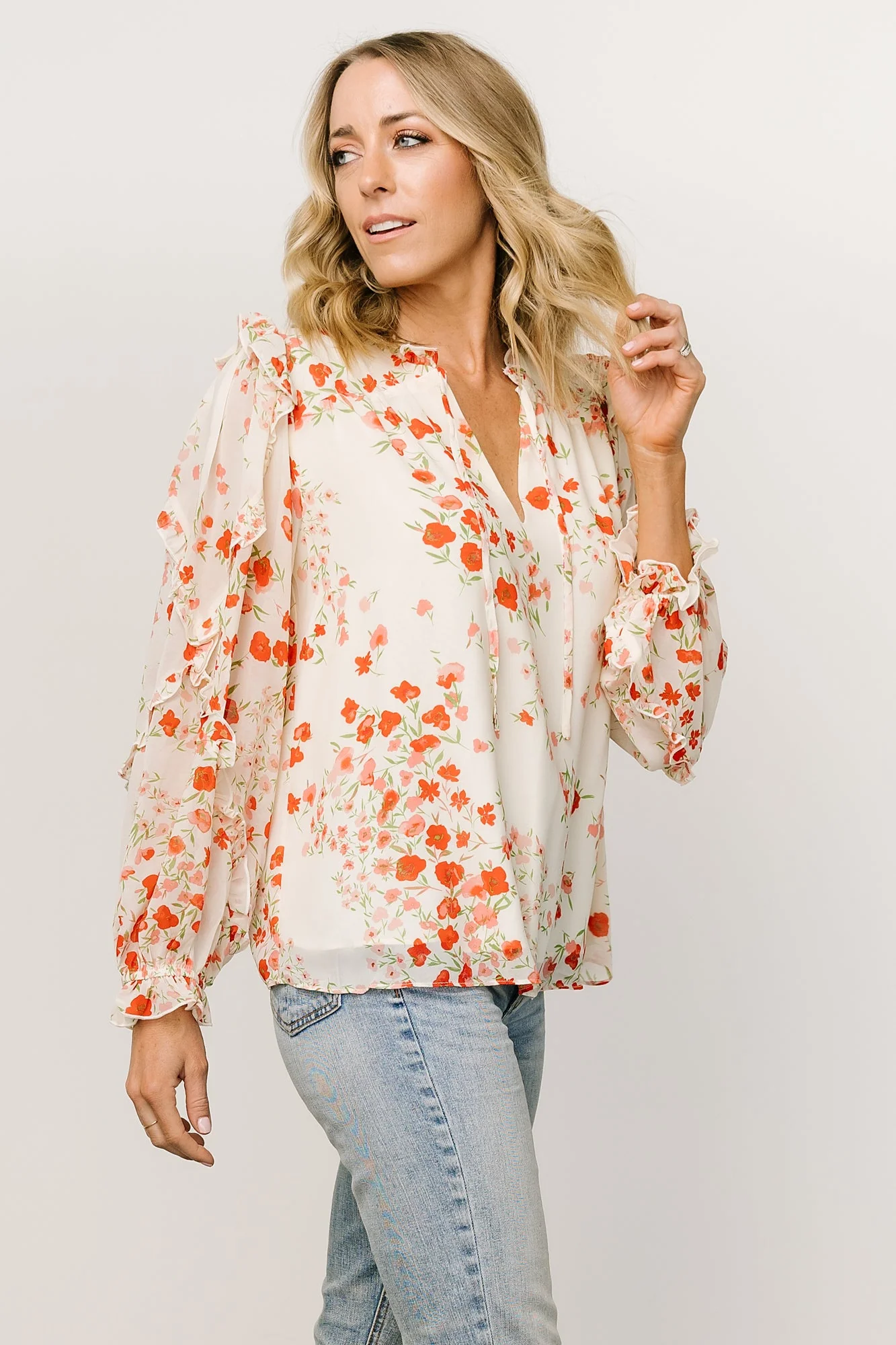 Karlie Long Sleeve Ruffle Top | Ivory + Red Multi