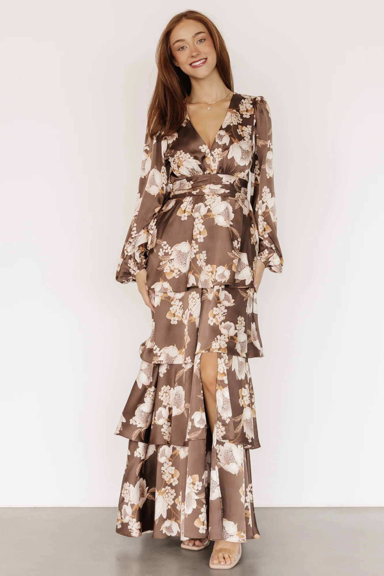 Montrouge Tiered Satin Dress | Mocha Floral
