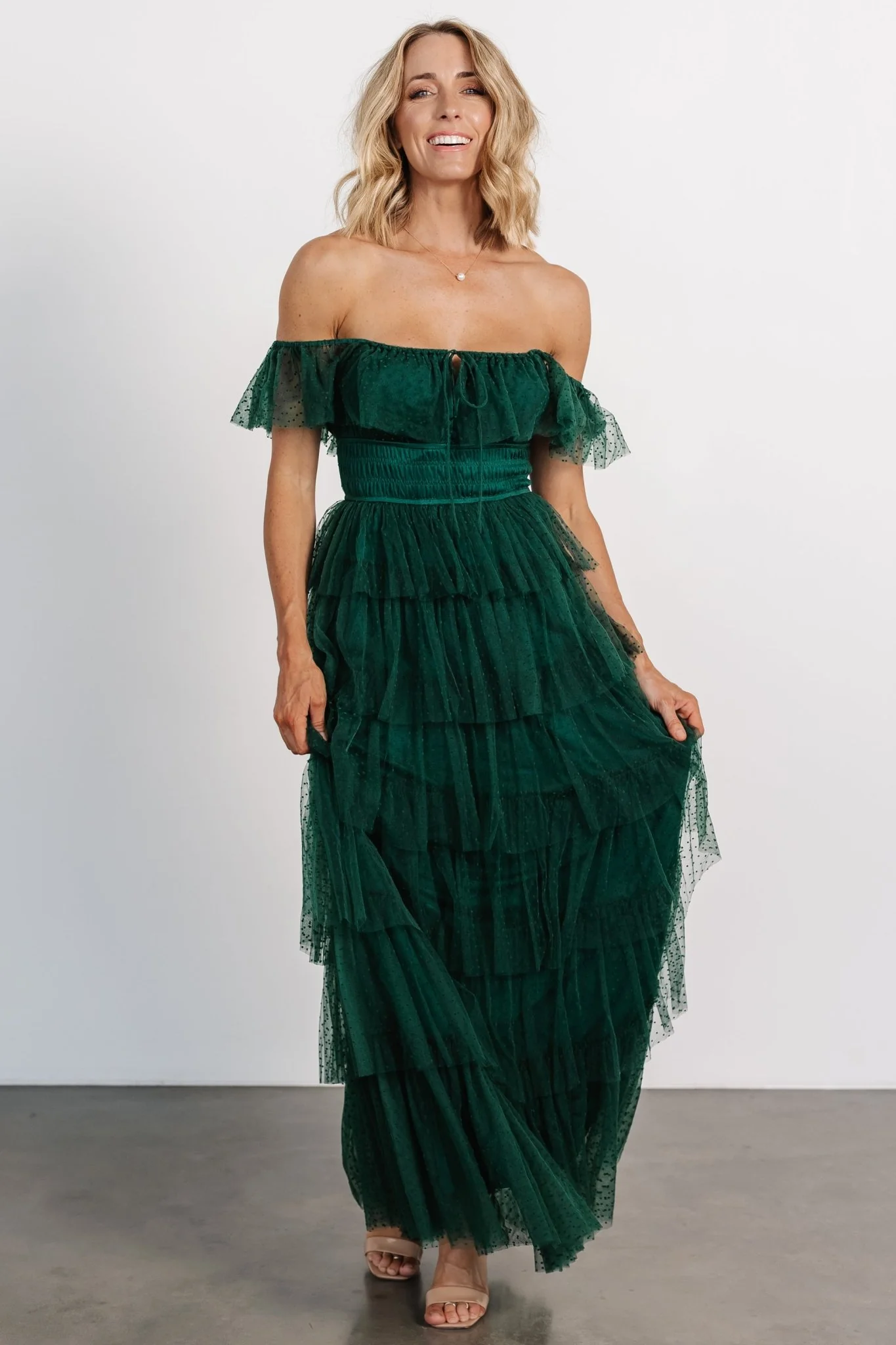 Valora Swiss Dot Tulle Maxi Dress | Dark Green