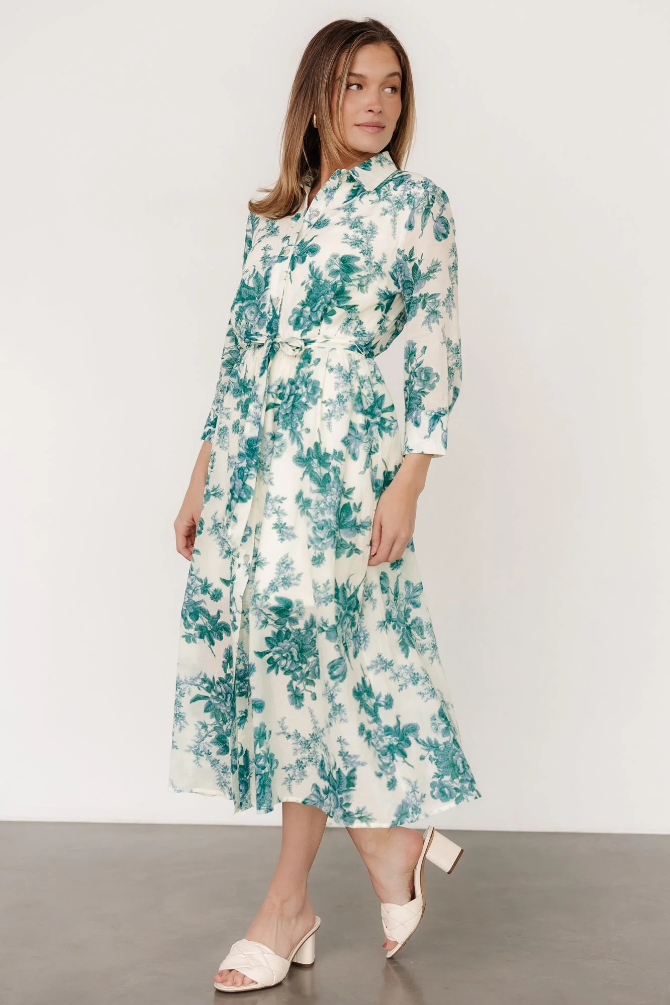 Eunice Button Midi Dress | Cream + Green Floral