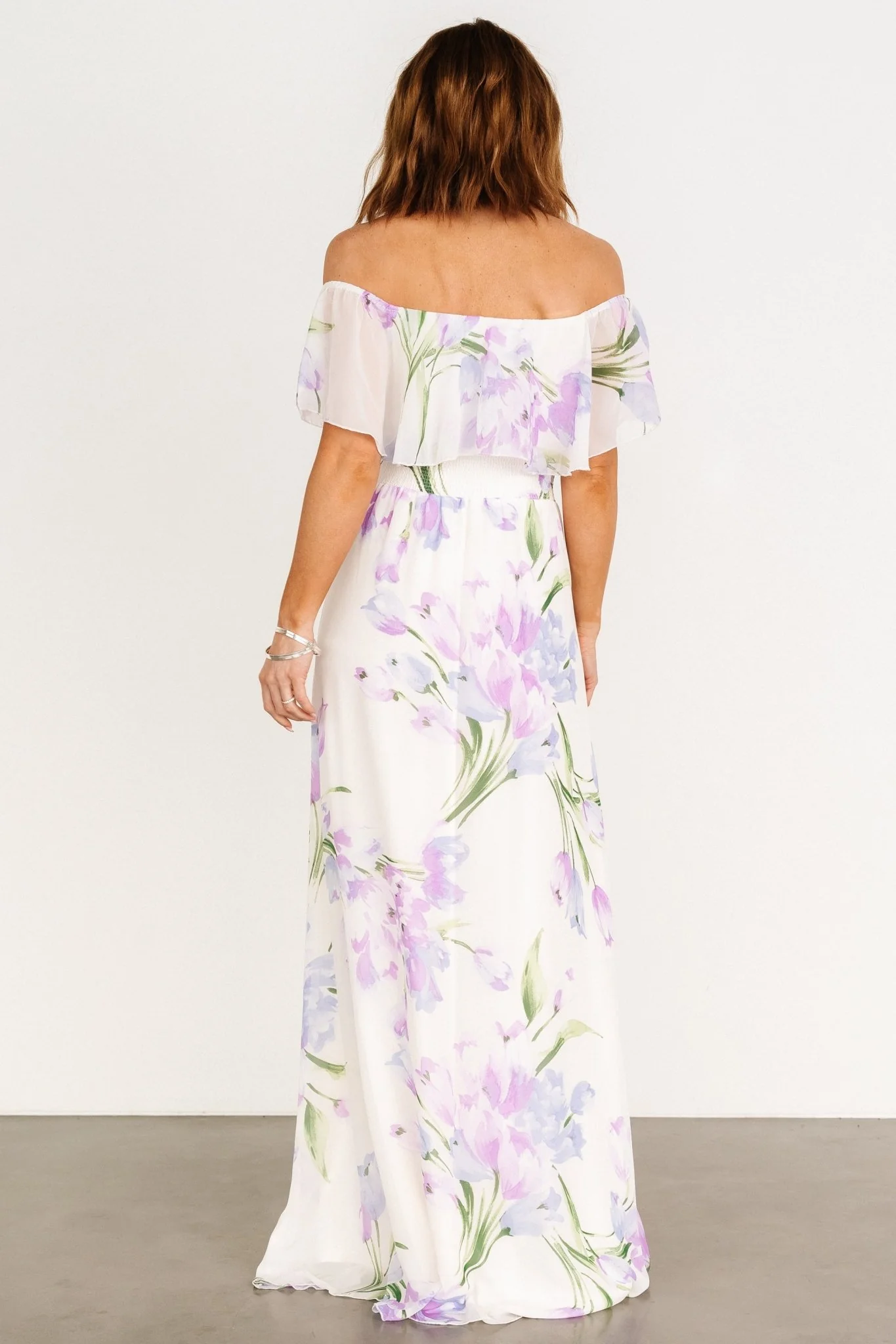 Daphne Off Shoulder Maxi Dress | Ivory + Lavender Floral