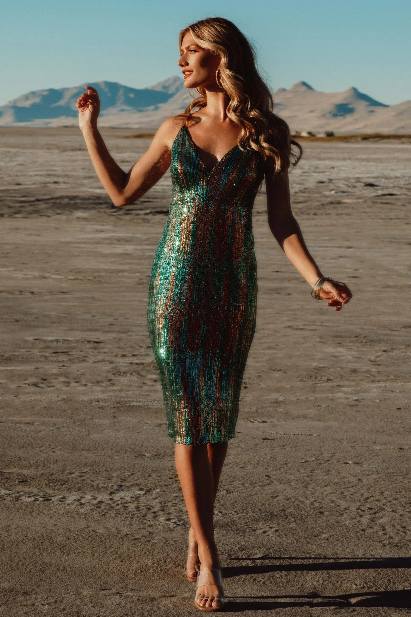 Michelle Sequin Midi Dress | Green Multi