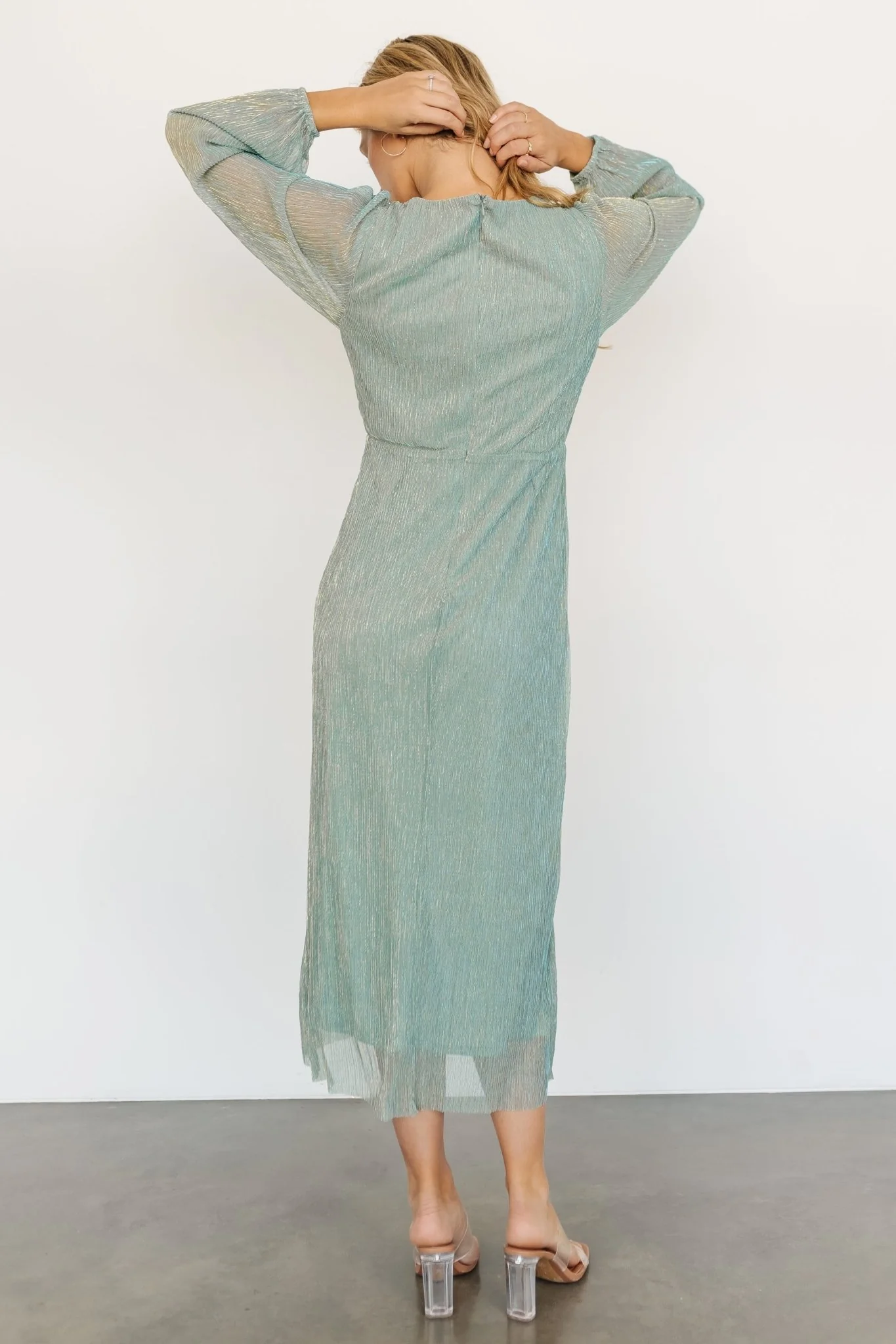 Devlyn Pleated Dress | Blue Sage Shimmer