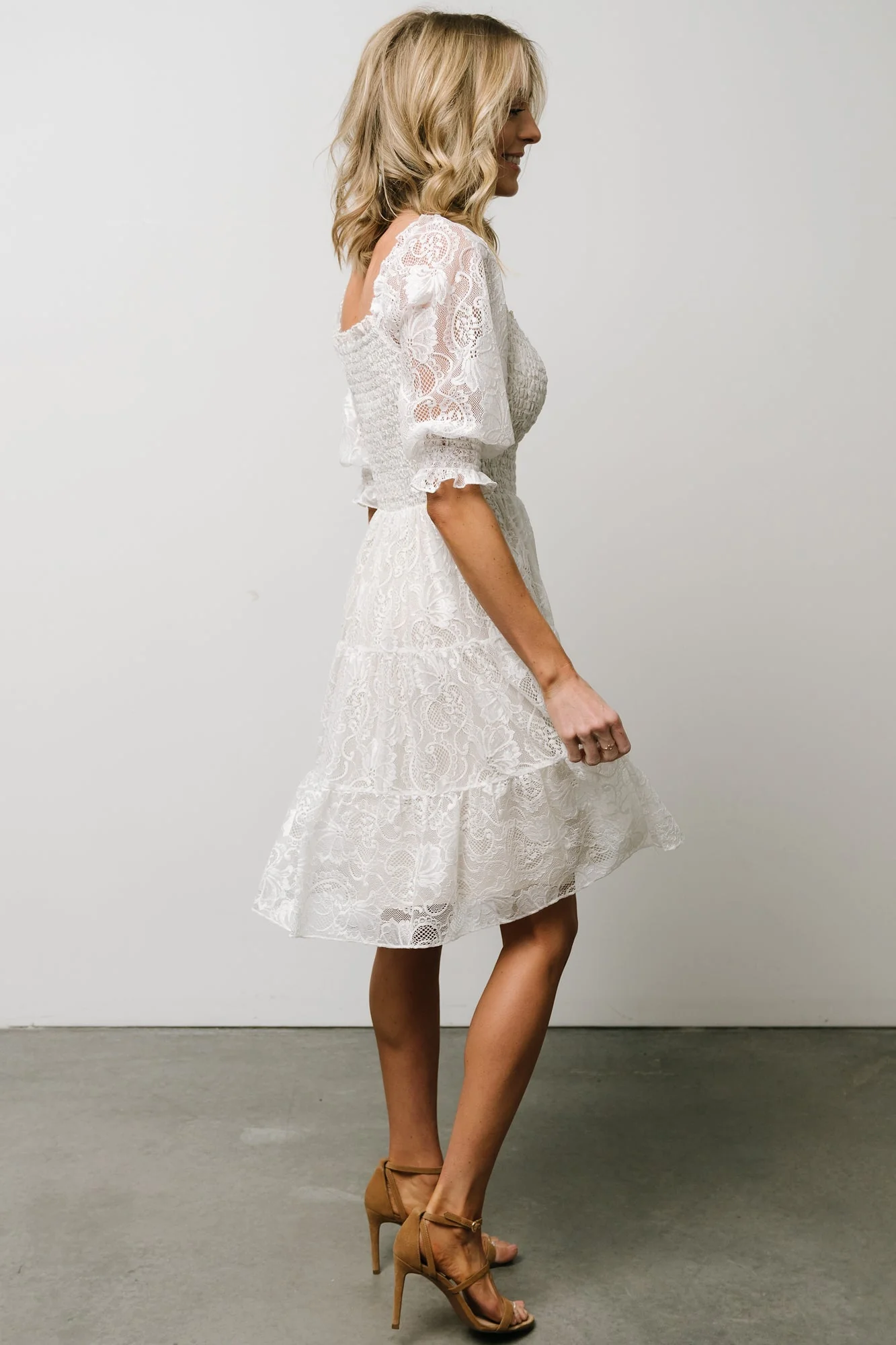 Tate Smocked Lace Short Dress | Off White