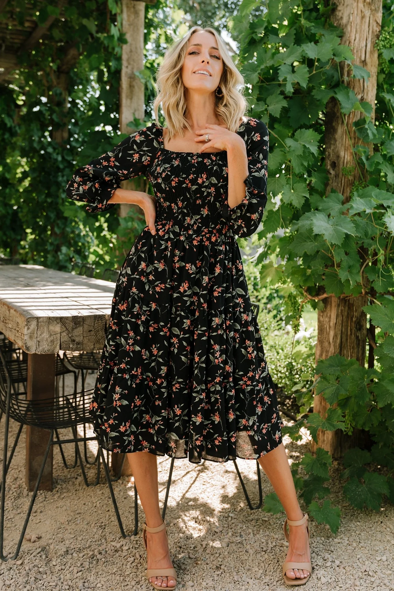Marta Smocked Midi Dress | Black Floral