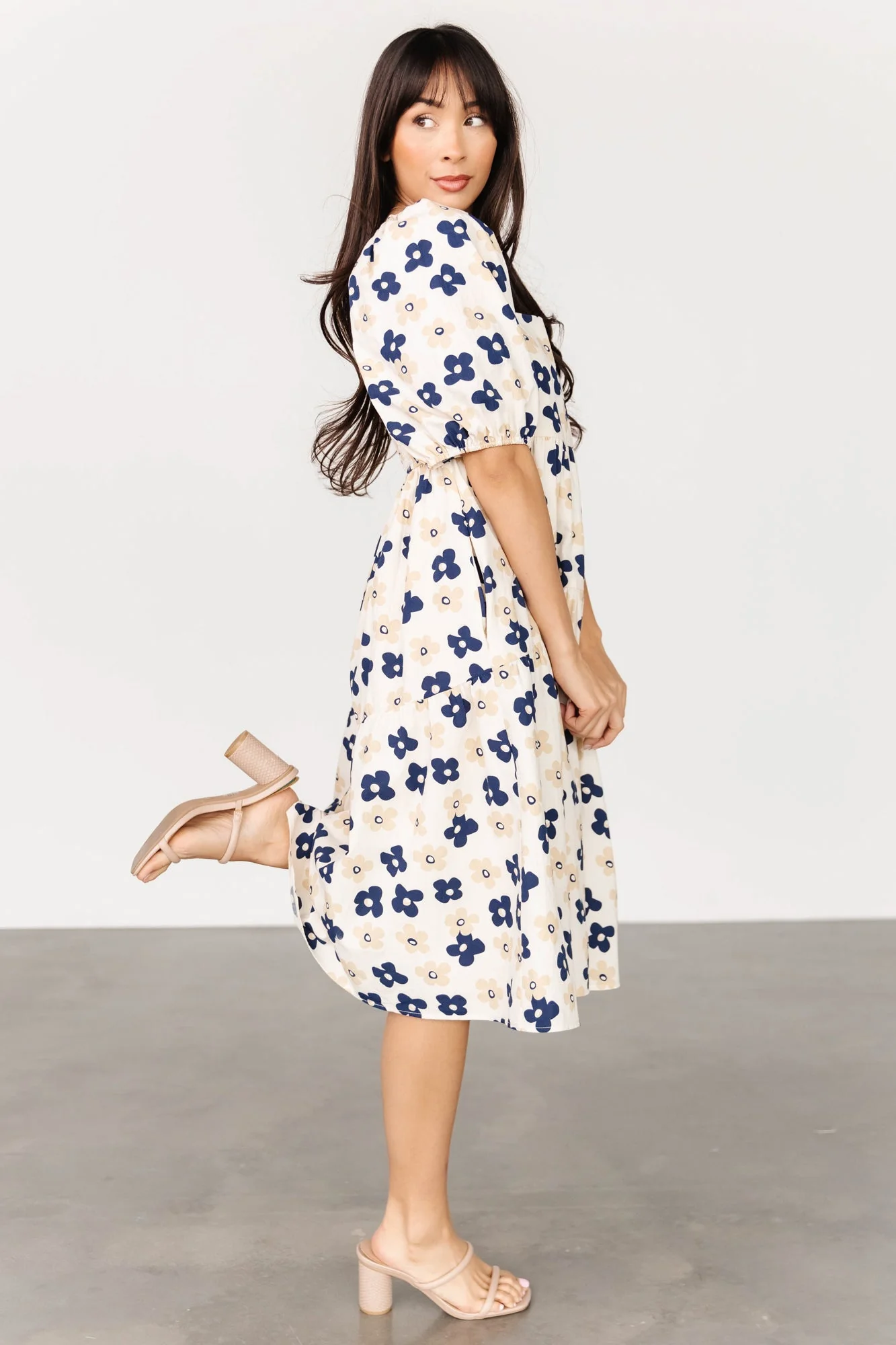 Aimee Puff Sleeve Midi Dress | Natural + Navy