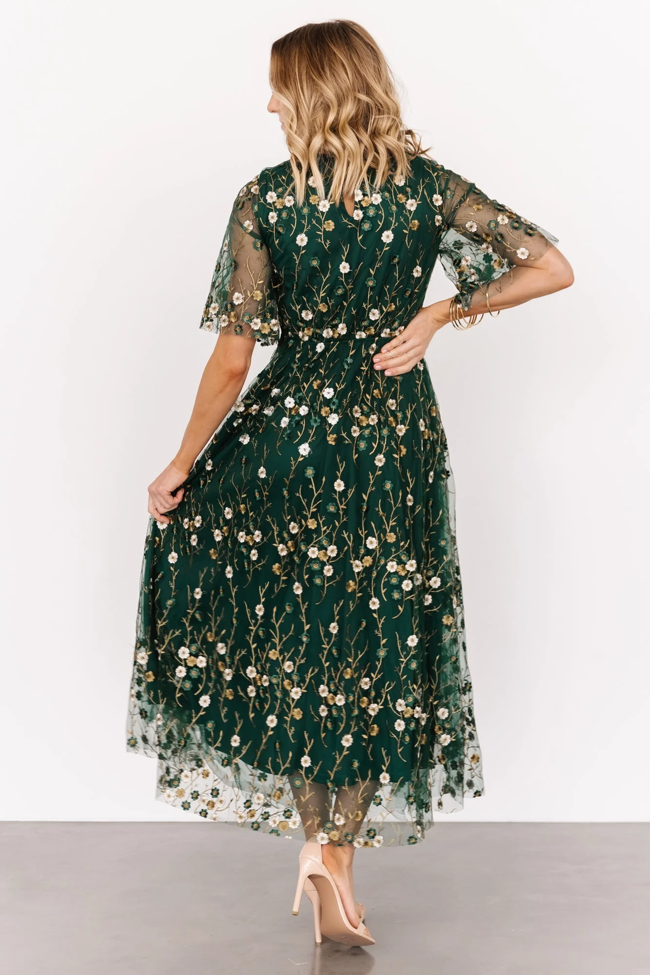 Arabella Embroidered Tulle Maxi Dress | Dark Green Floral