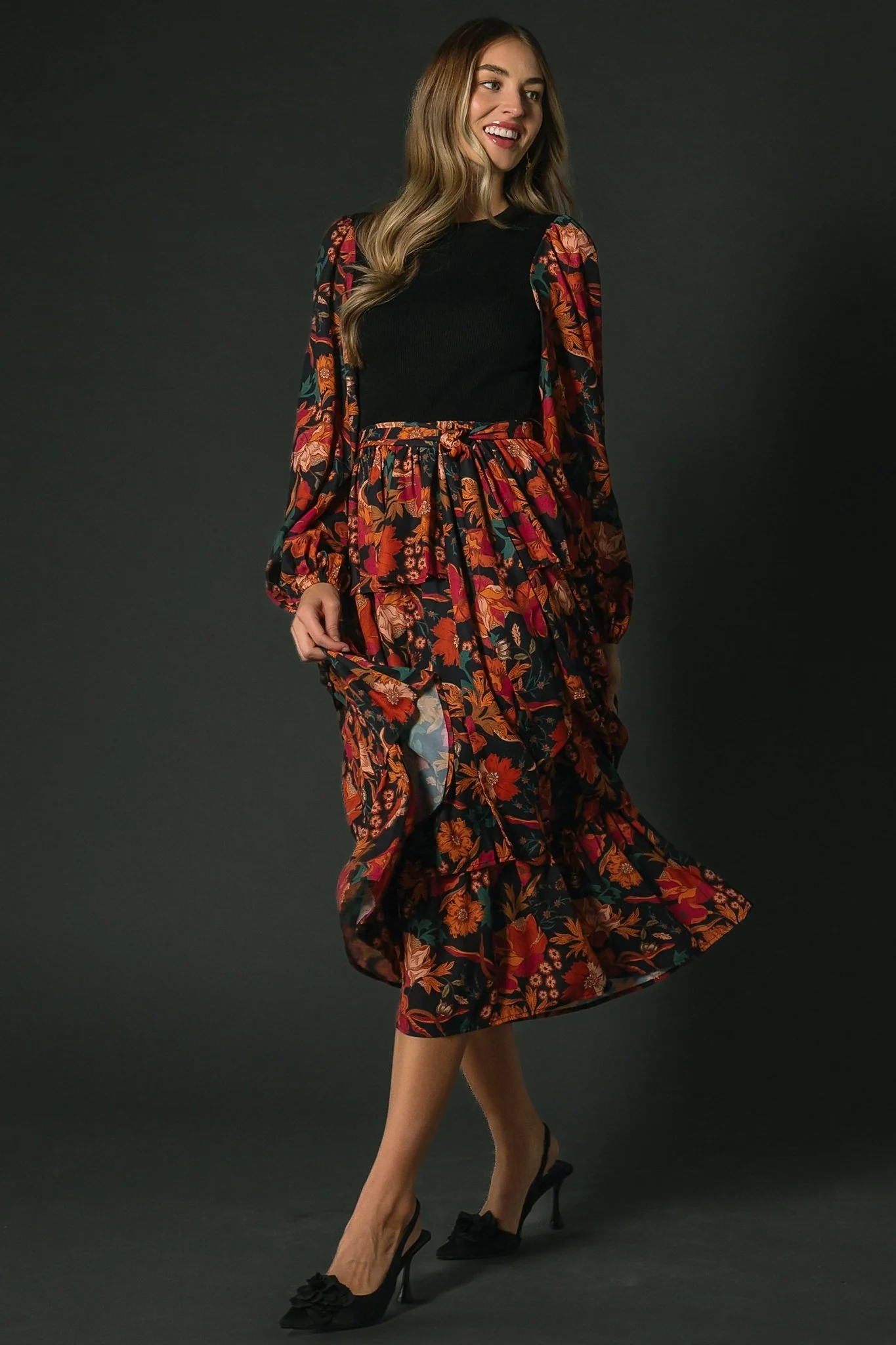 Sylvie Tiered Midi Dress | Black Multi