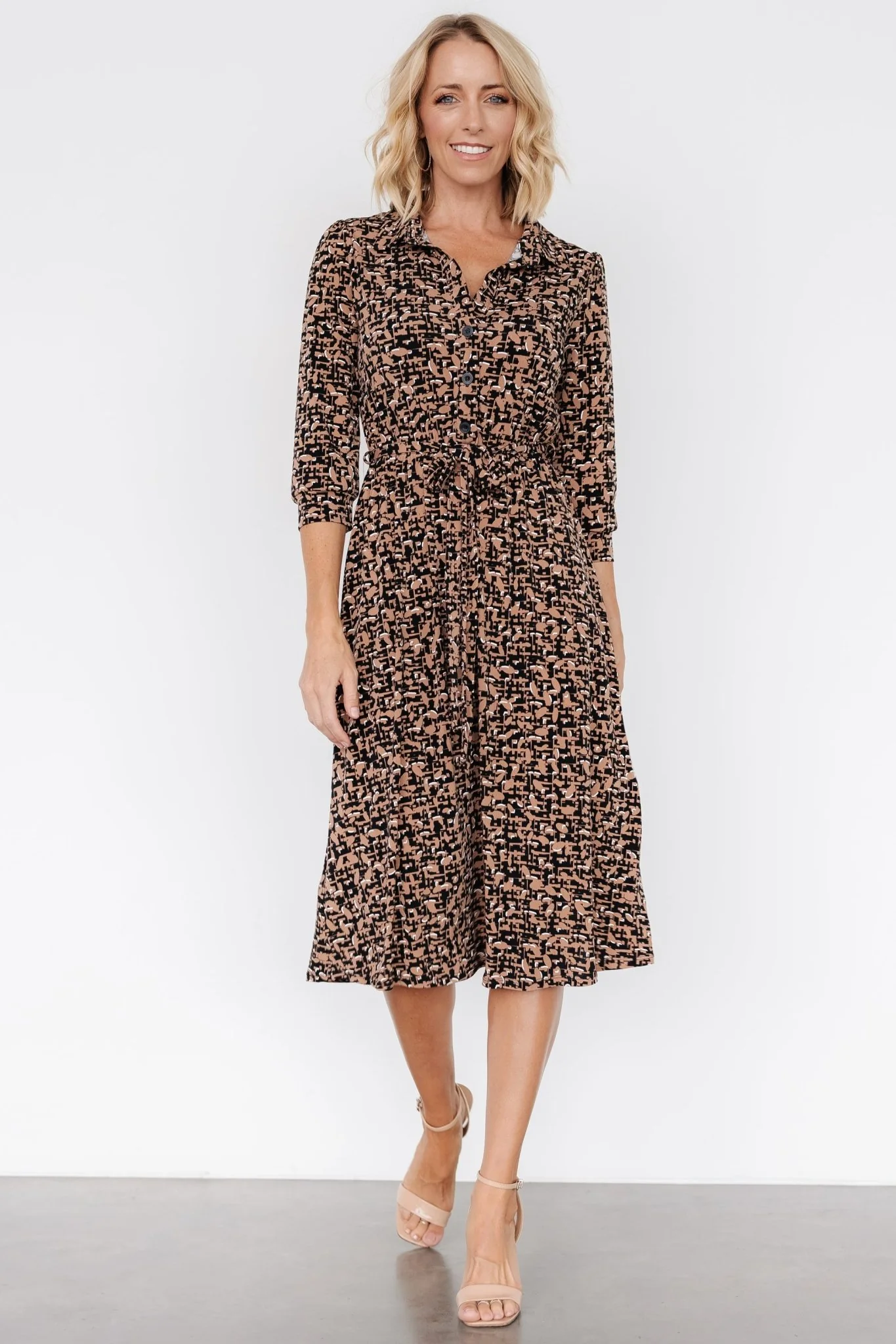 Jenica Midi Dress | Black + Camel Print