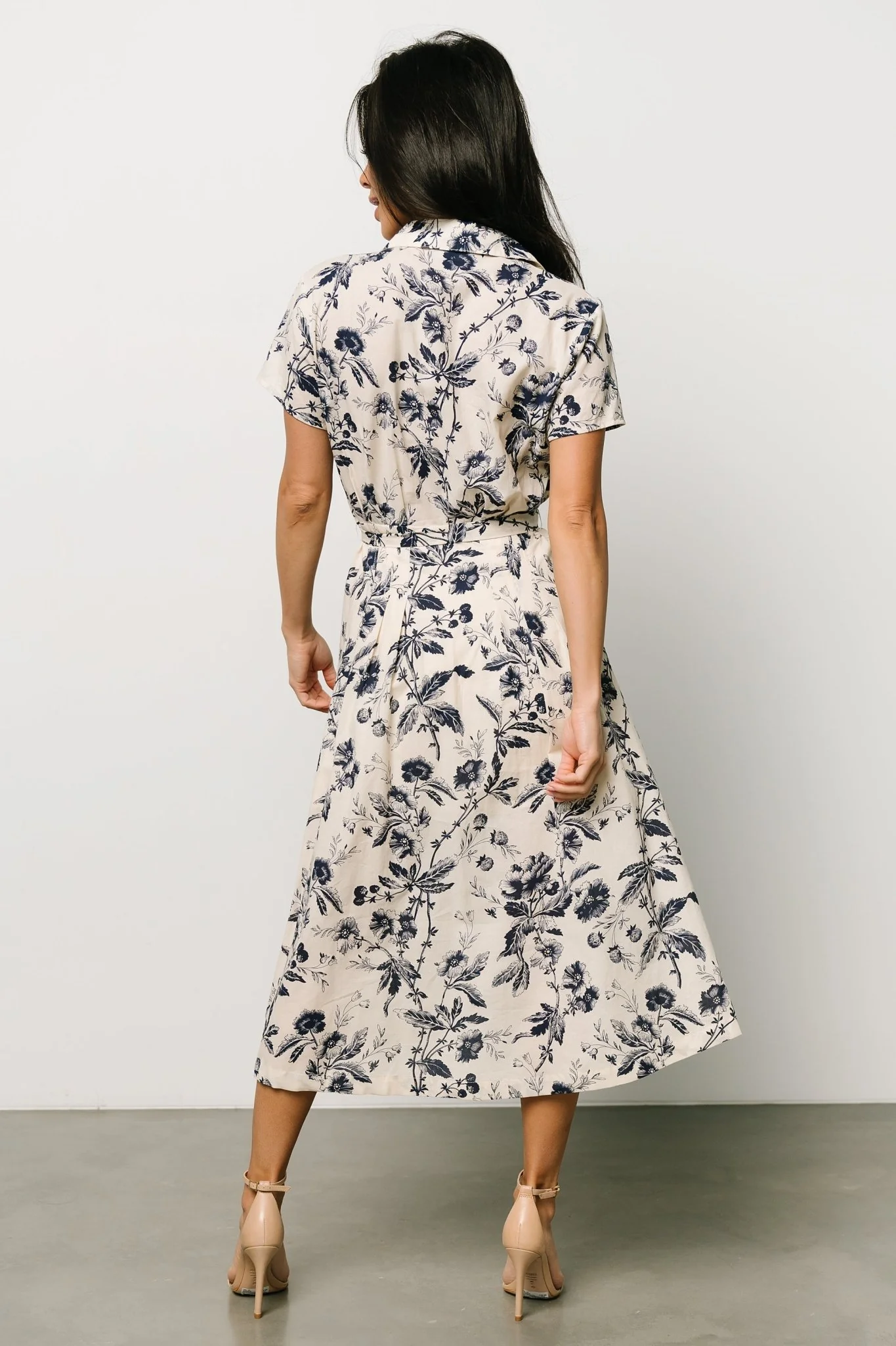 Lorna Midi Dress | Beige + Navy Print