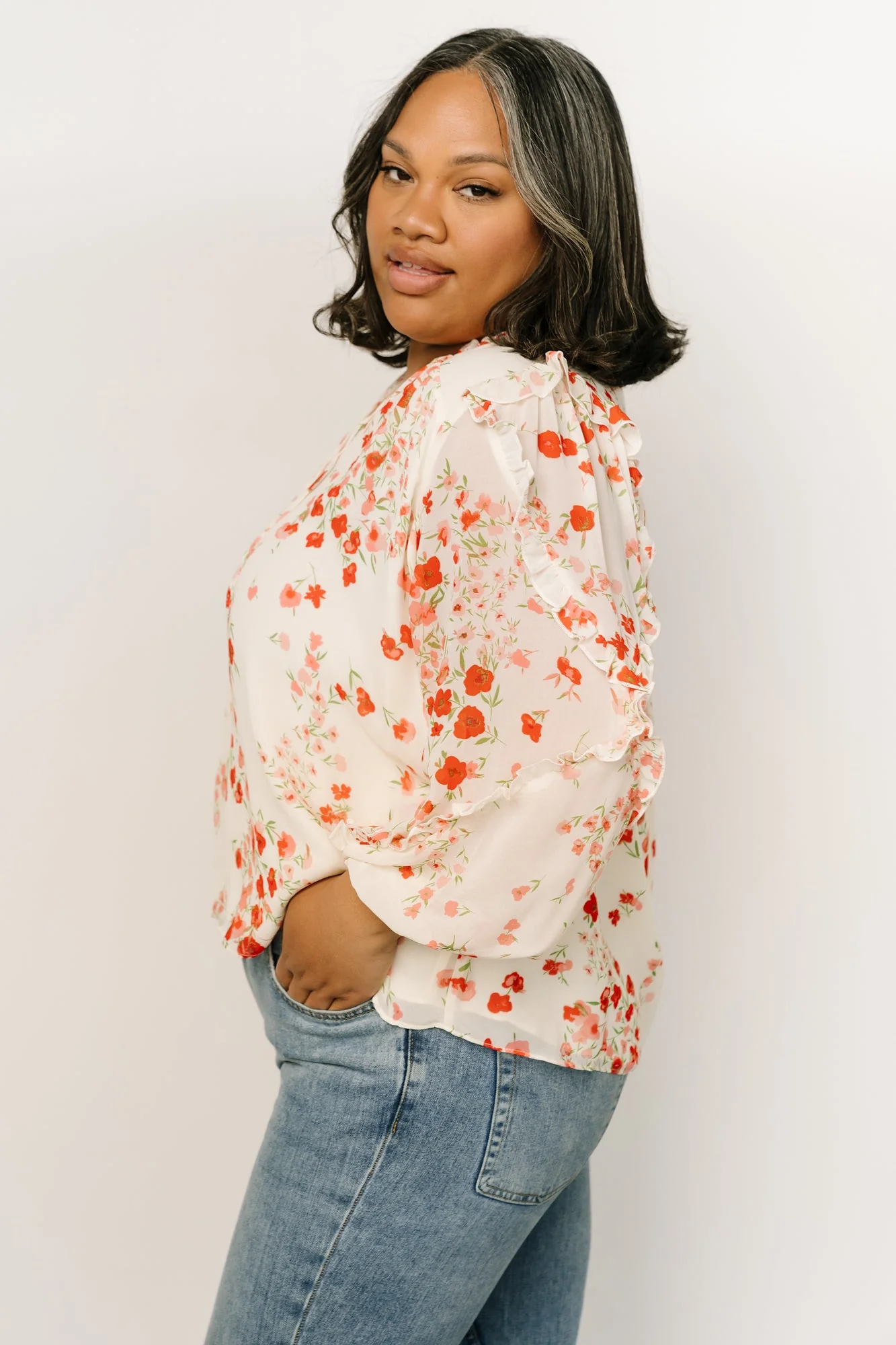 Karlie Long Sleeve Ruffle Top | Ivory + Red Multi