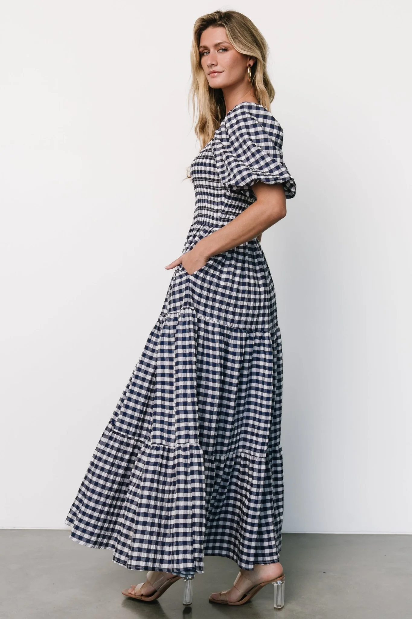 Lyndy Smocked Dress | Off White + Blue Gingham