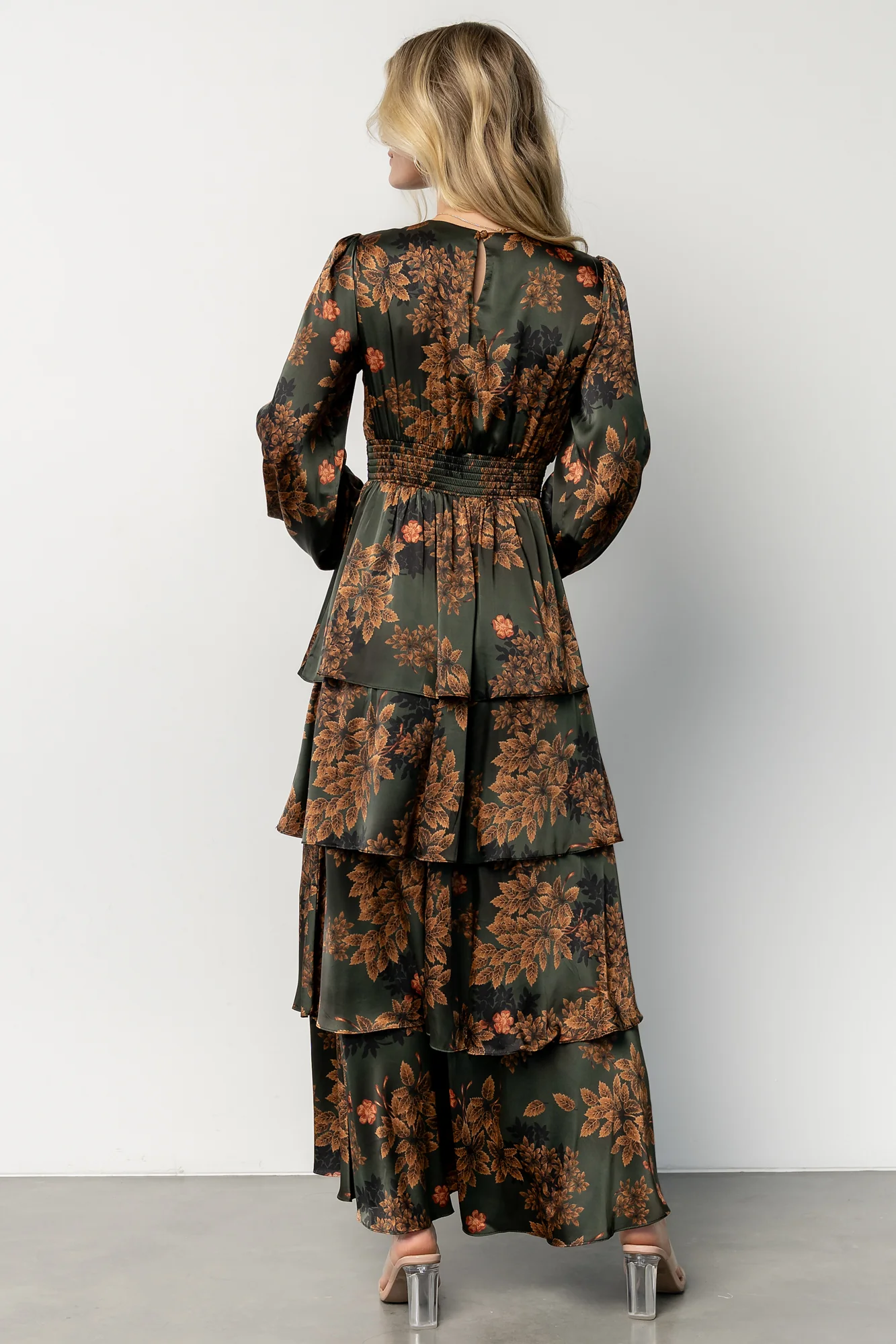 Montrouge Tiered Satin Dress | Olive Floral
