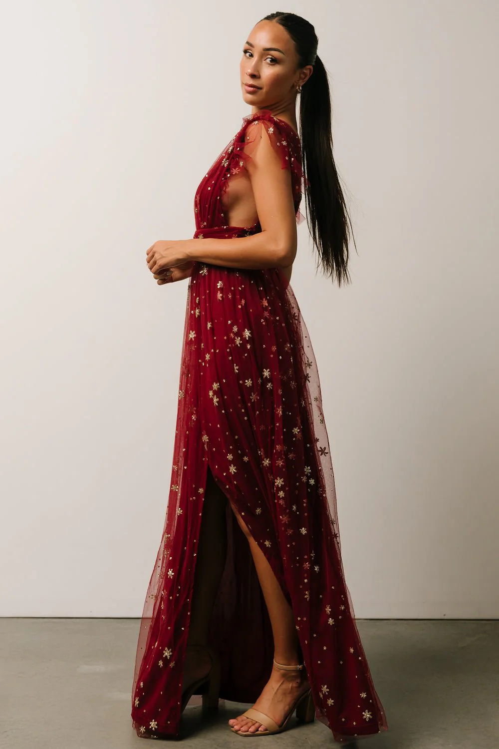 Nova Shimmer Maxi Dress | Wine + Gold