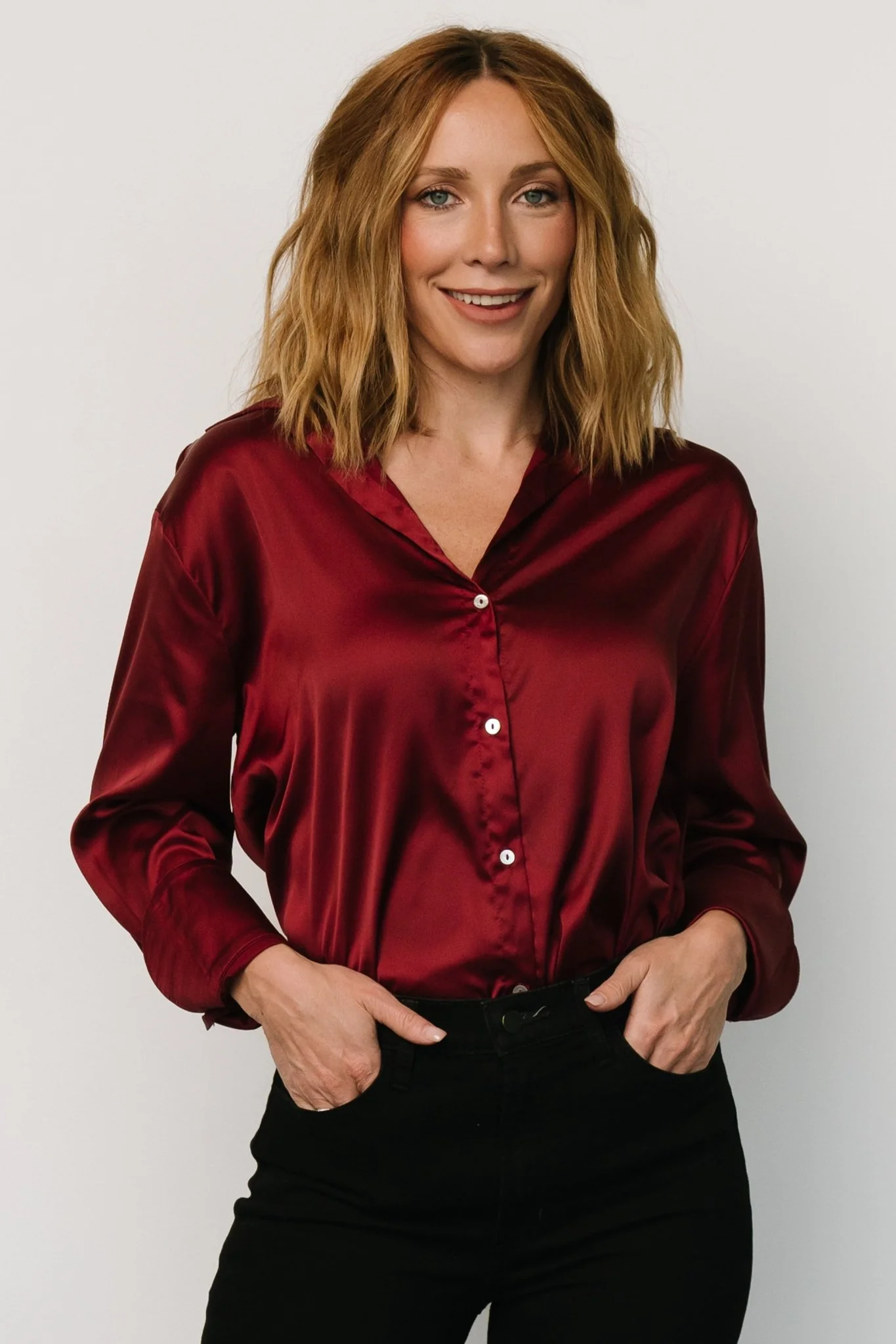 Kacey Satin Button Up Top | Burgundy