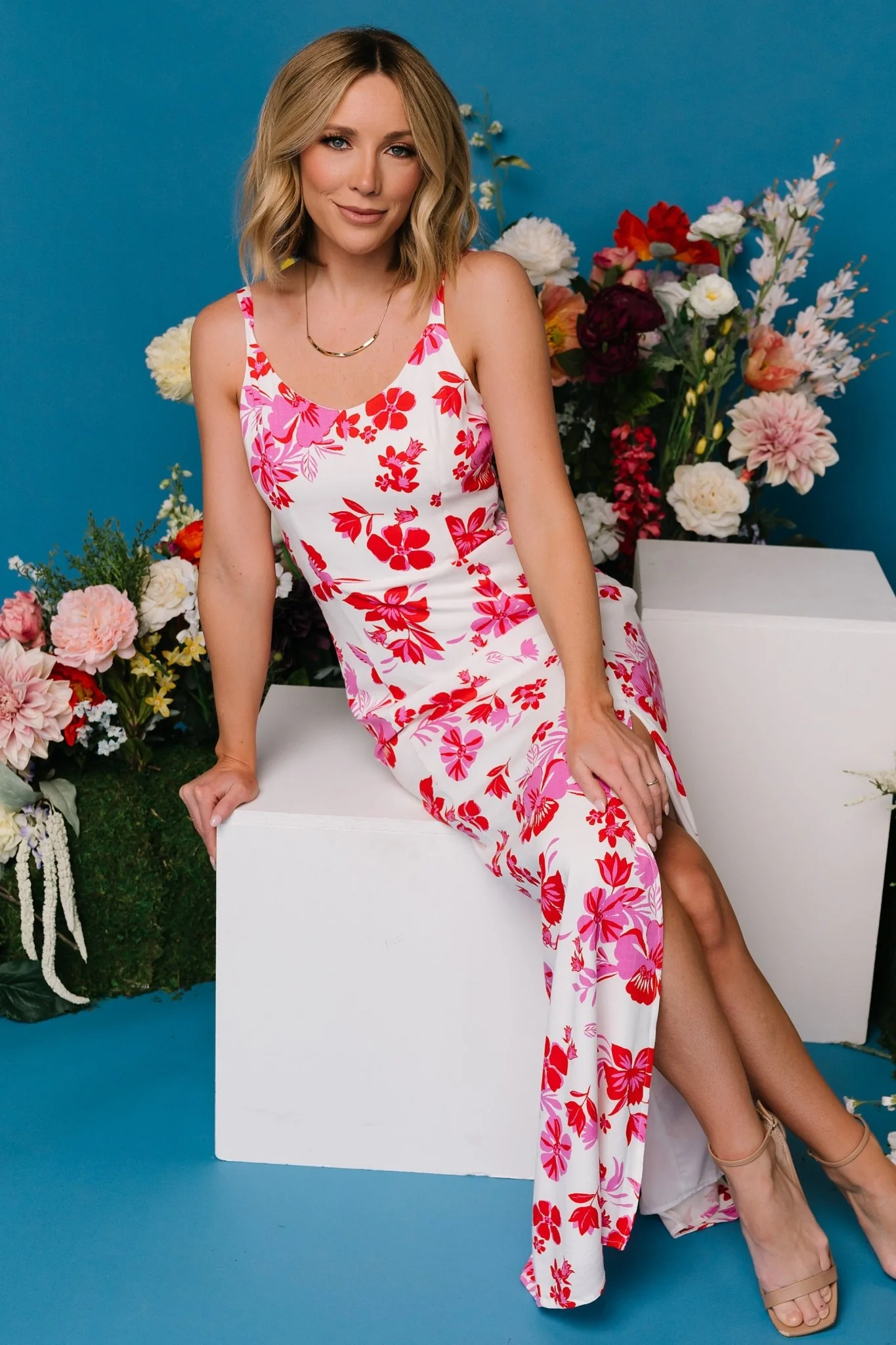 Emaline Open Back Maxi Dress | White + Pink Floral