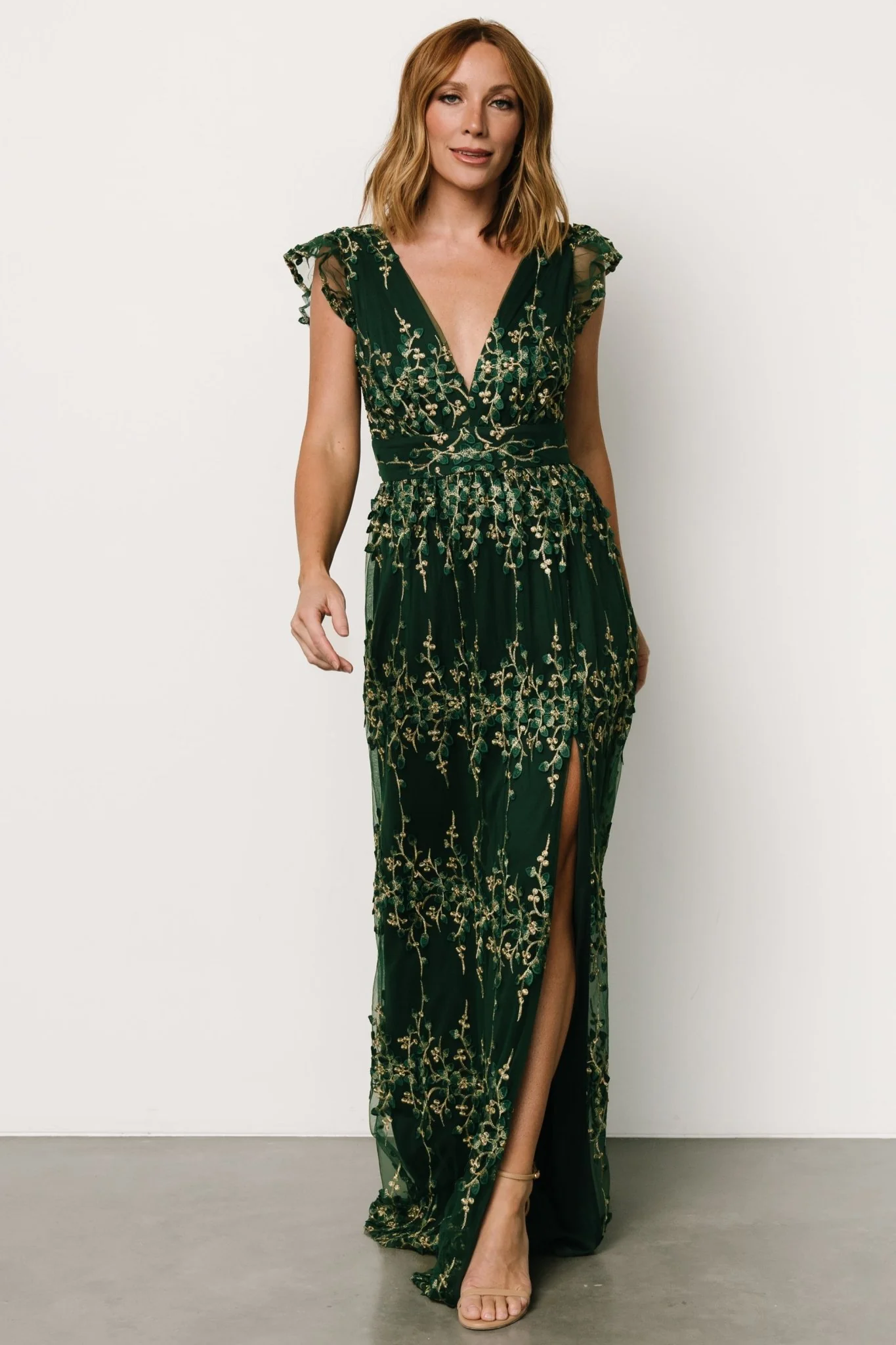 Eva Embroidered Maxi Dress | Green + Gold