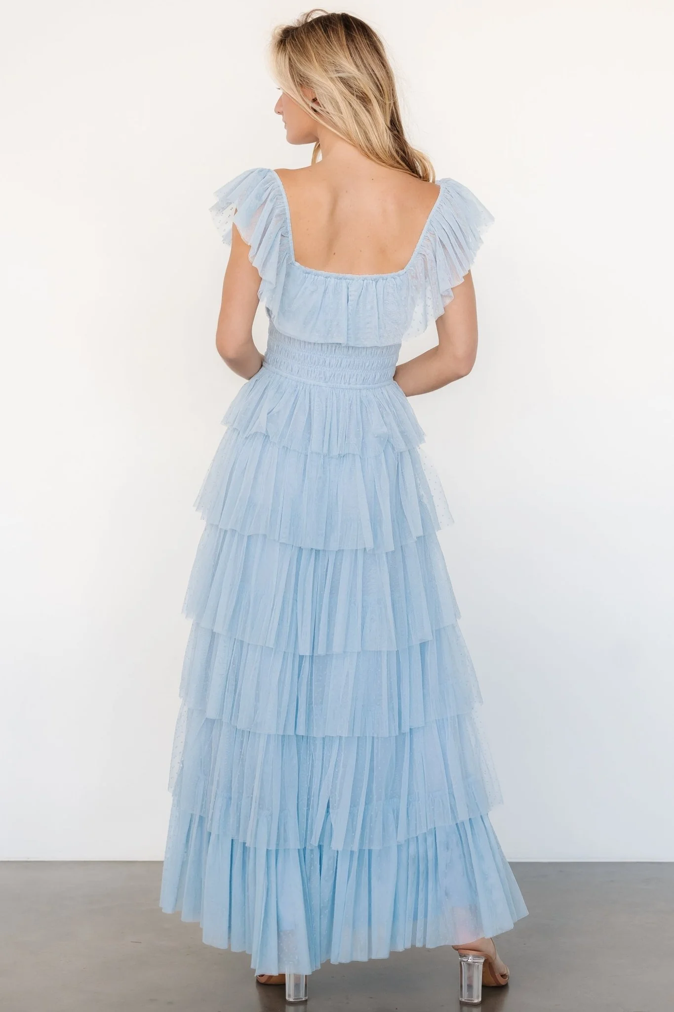 Valora Swiss Dot Tulle Maxi Dress | Light Blue