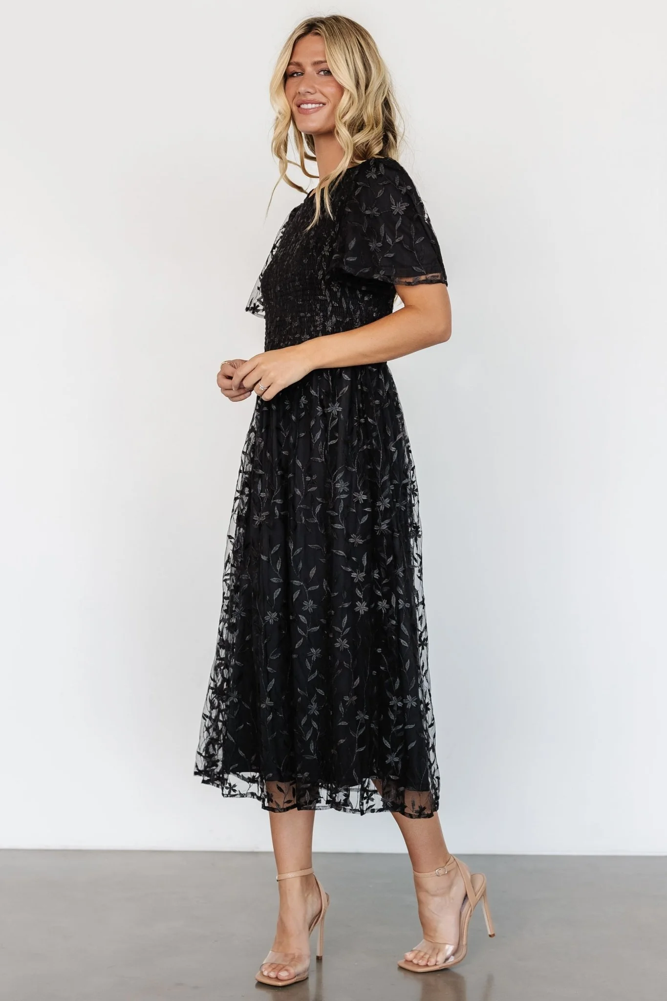 Cara Embroidered Midi Dress | Black