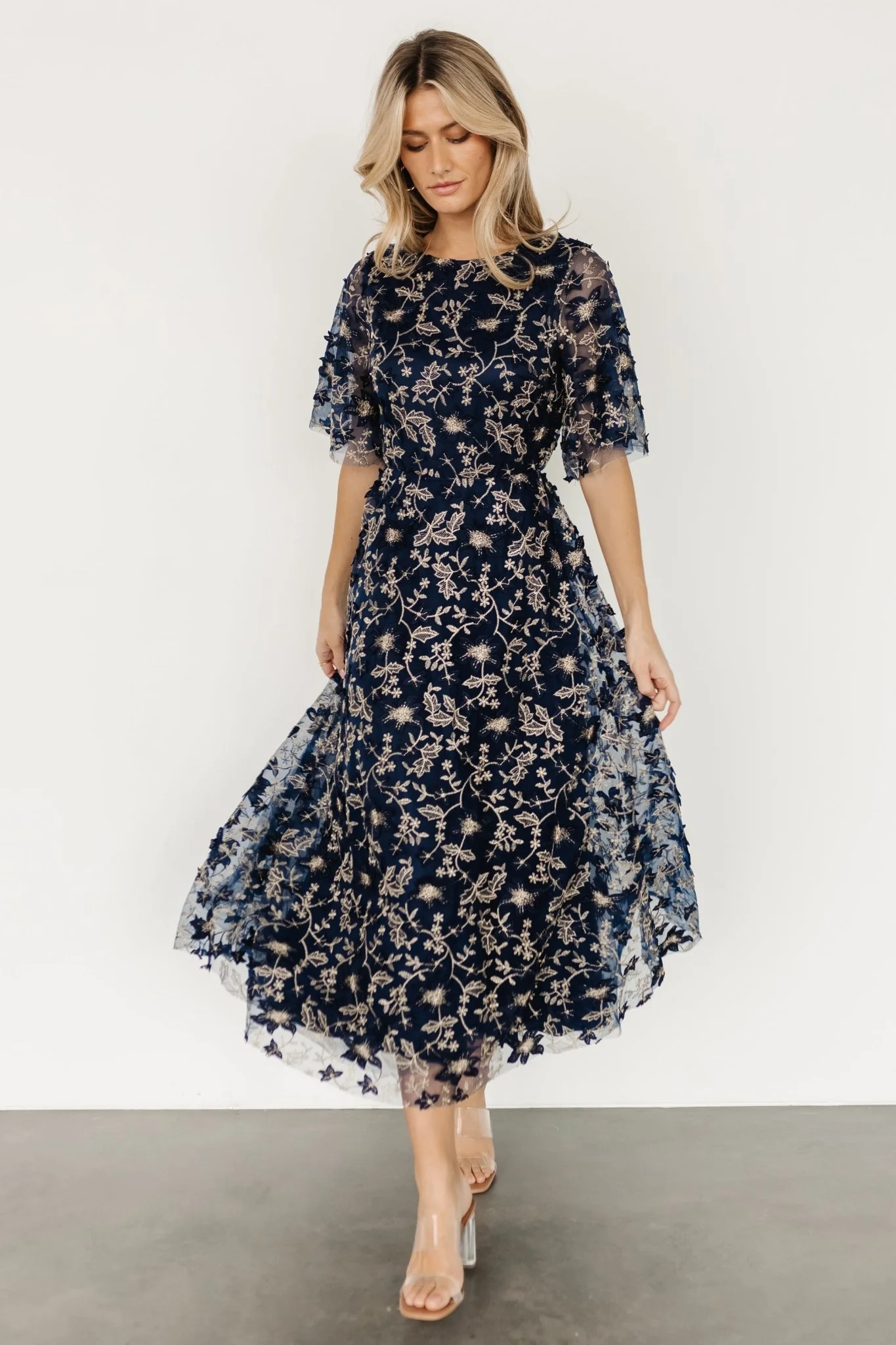 Arabella Embroidered Tulle Maxi Dress | Navy + Gold