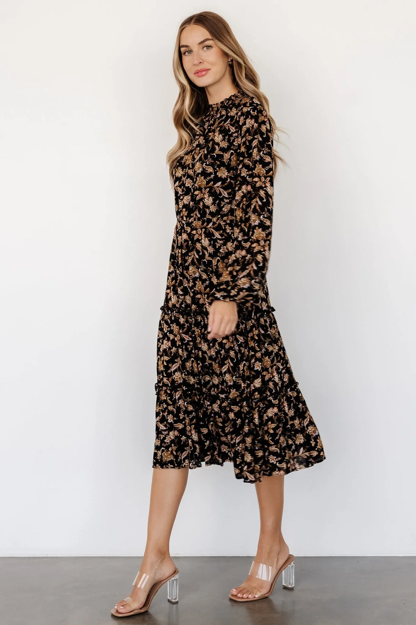 Kenice Mock Neck Dress | Black + Camel Print