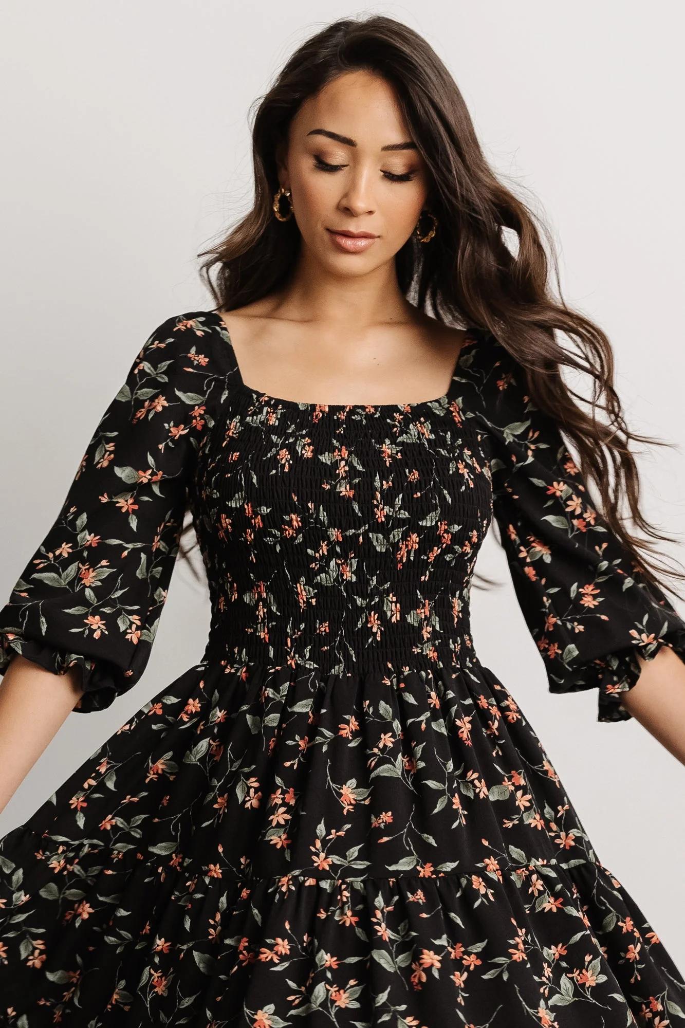 Marta Smocked Midi Dress | Black Floral