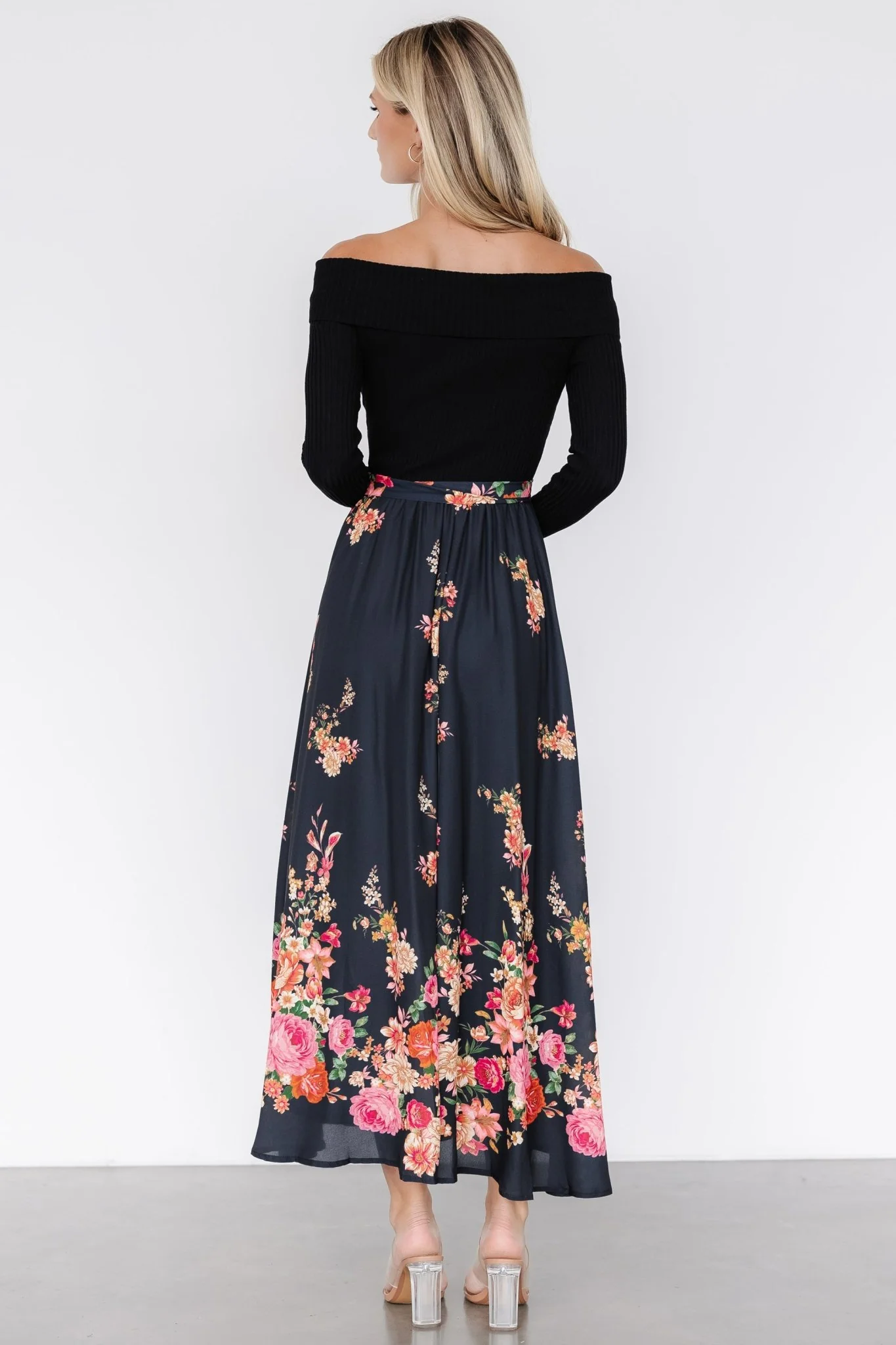 Qadira Off Shoulder Dress | Black + Multi Floral