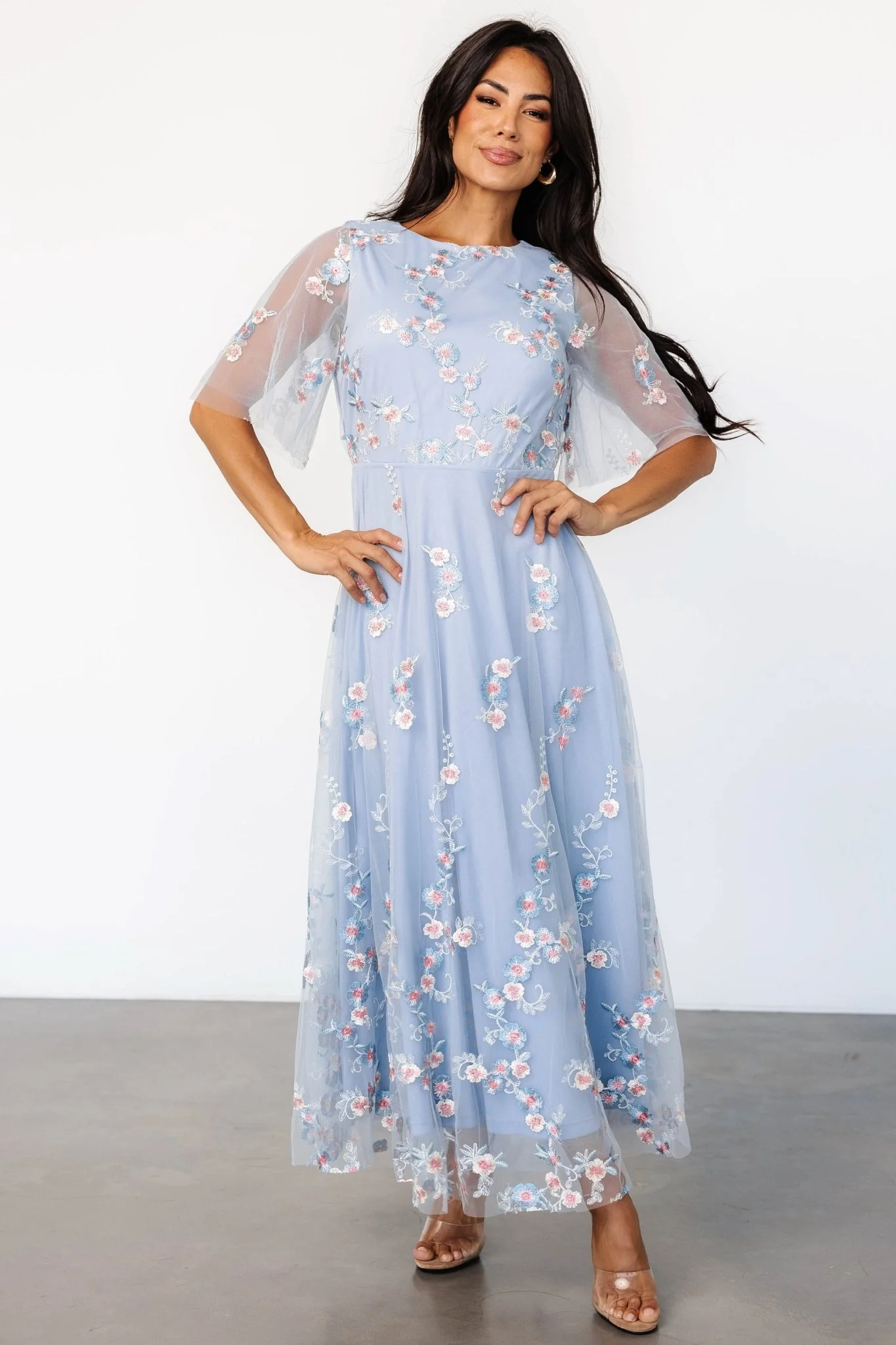 Arabella Embroidered Tulle Maxi Dress | Light Blue + Blush
