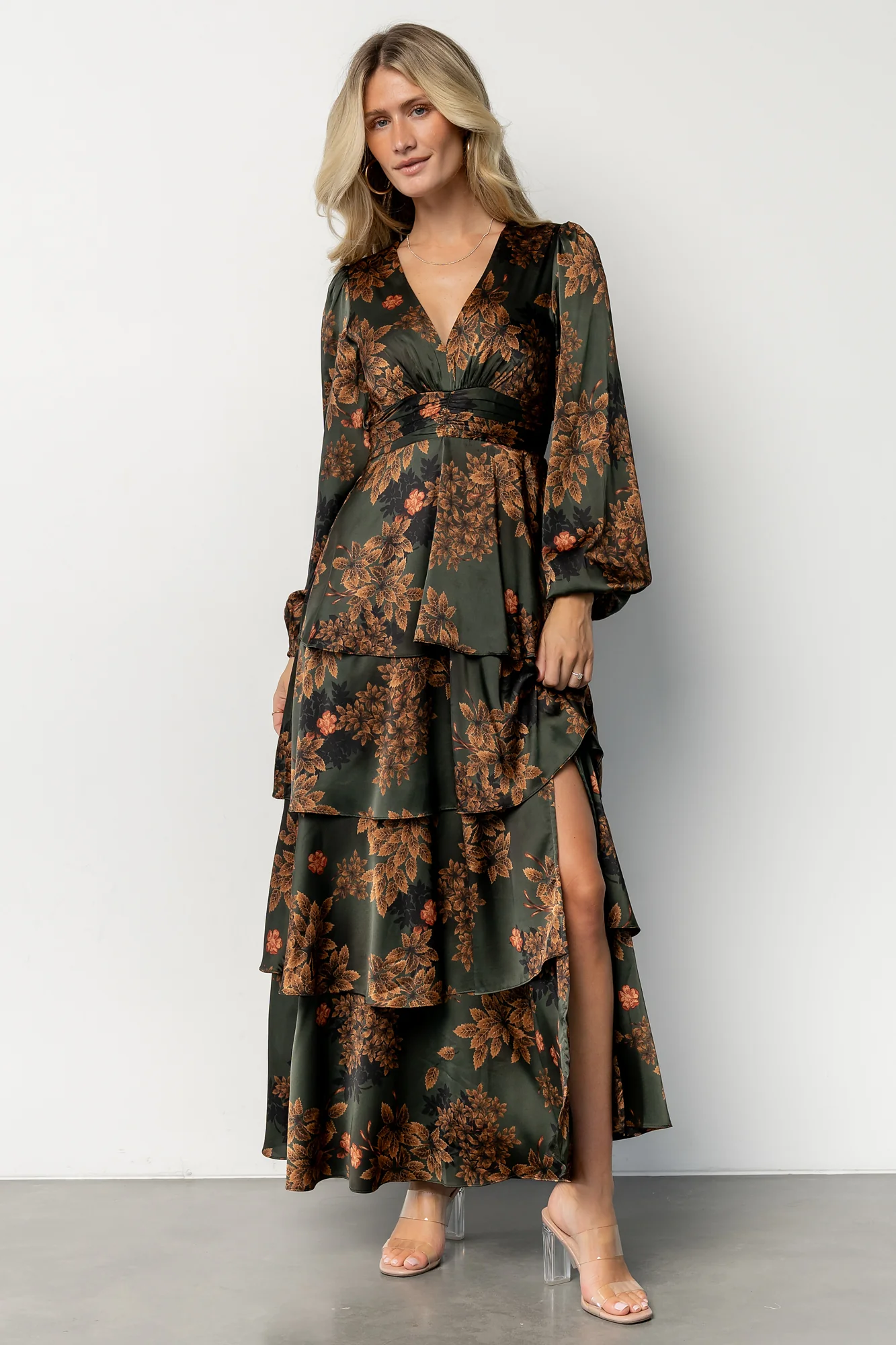 Montrouge Tiered Satin Dress | Olive Floral