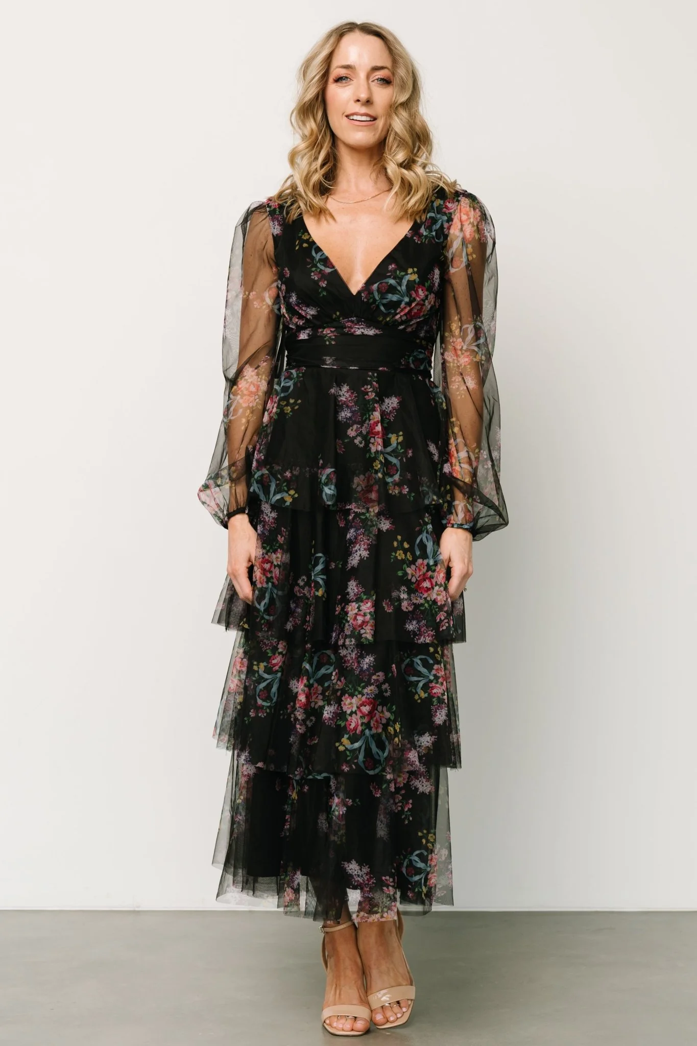 Carolina Tulle Tiered Maxi Dress | Black Floral