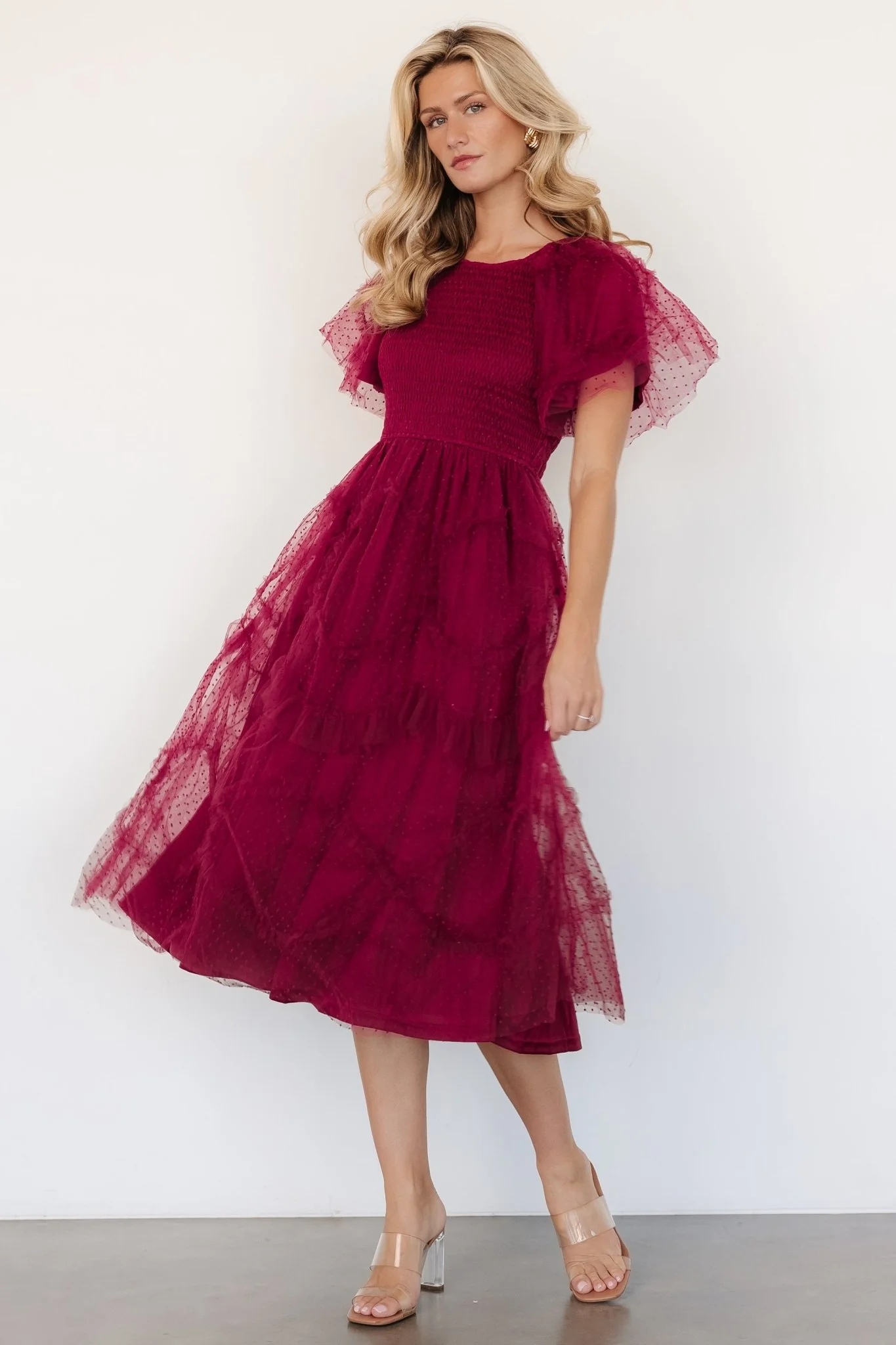 Ambrose Dotted Tulle Midi Dress | Burgundy