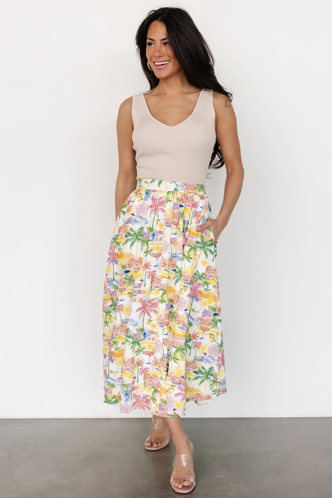 Gigi Button Midi Skirt | Off White + Multi Print