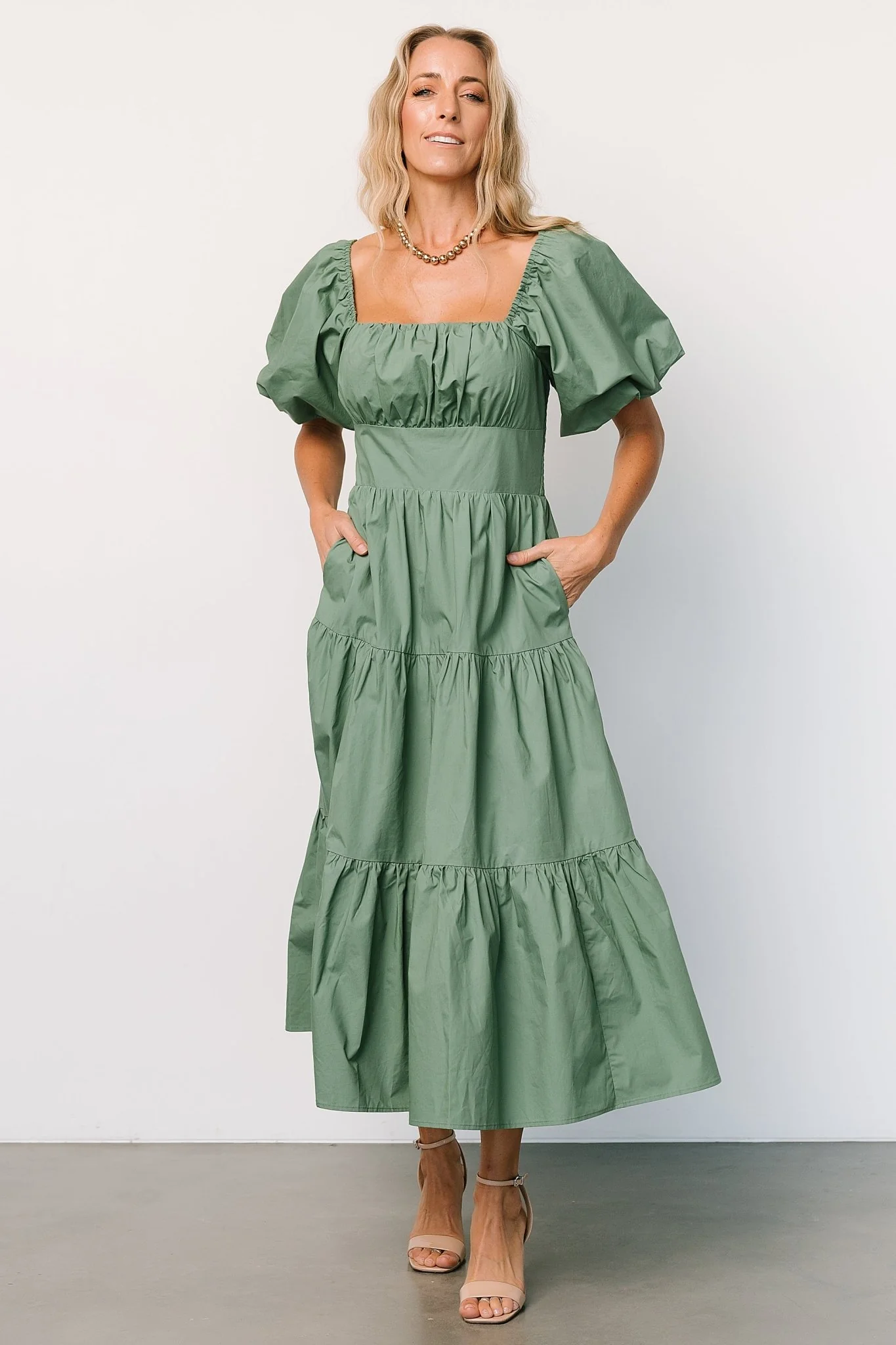Cindy Puff Sleeve Tiered Dress | Dusty Green