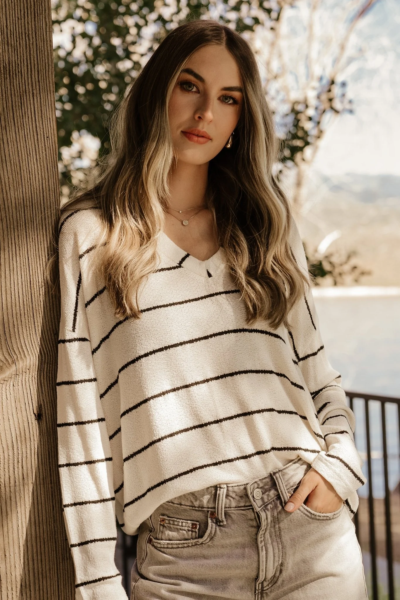 Houston Relaxed Sweater Top | Ivory Stripe