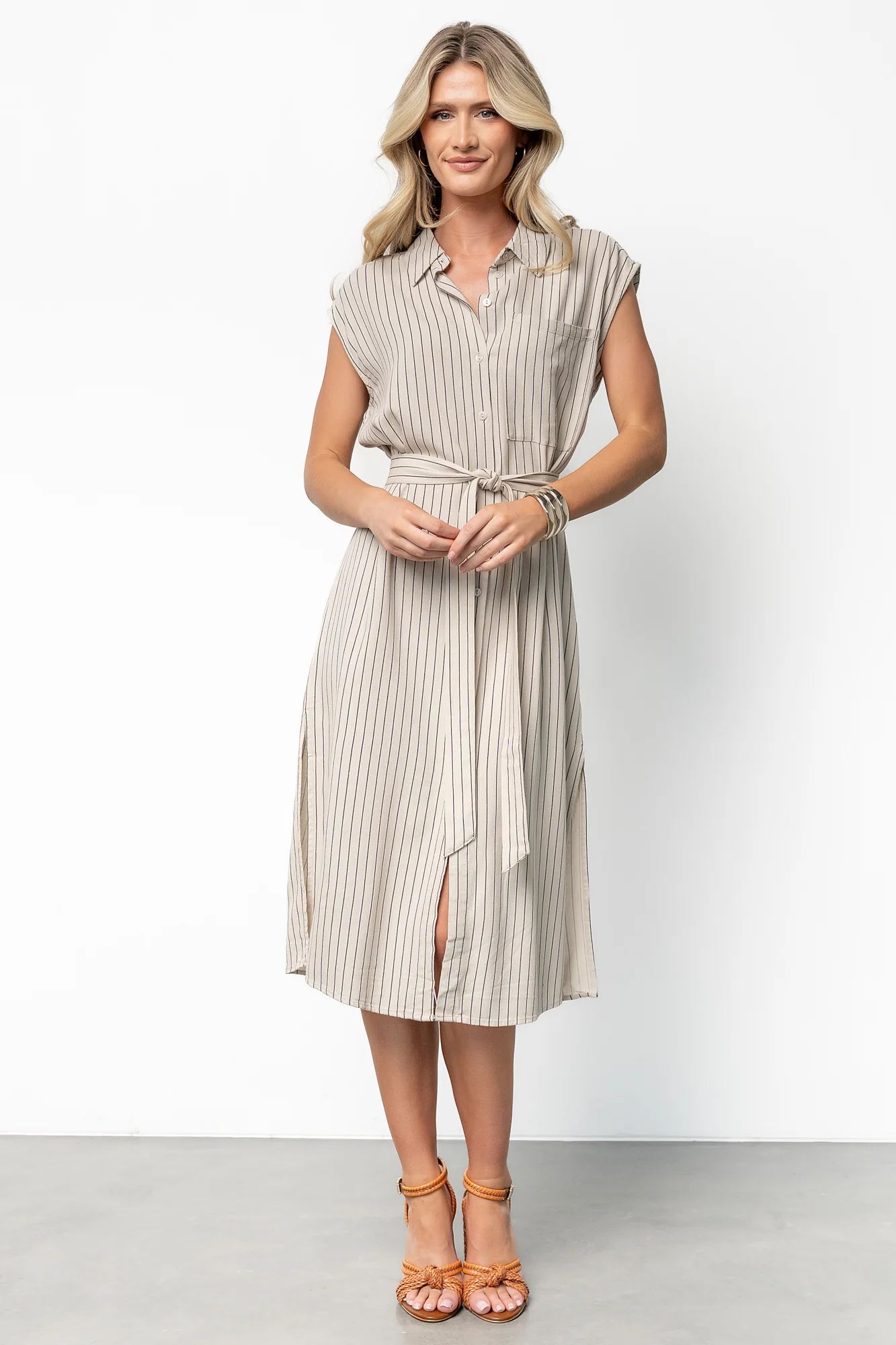 Toledo Button Up Midi Dress | Beige Stripe